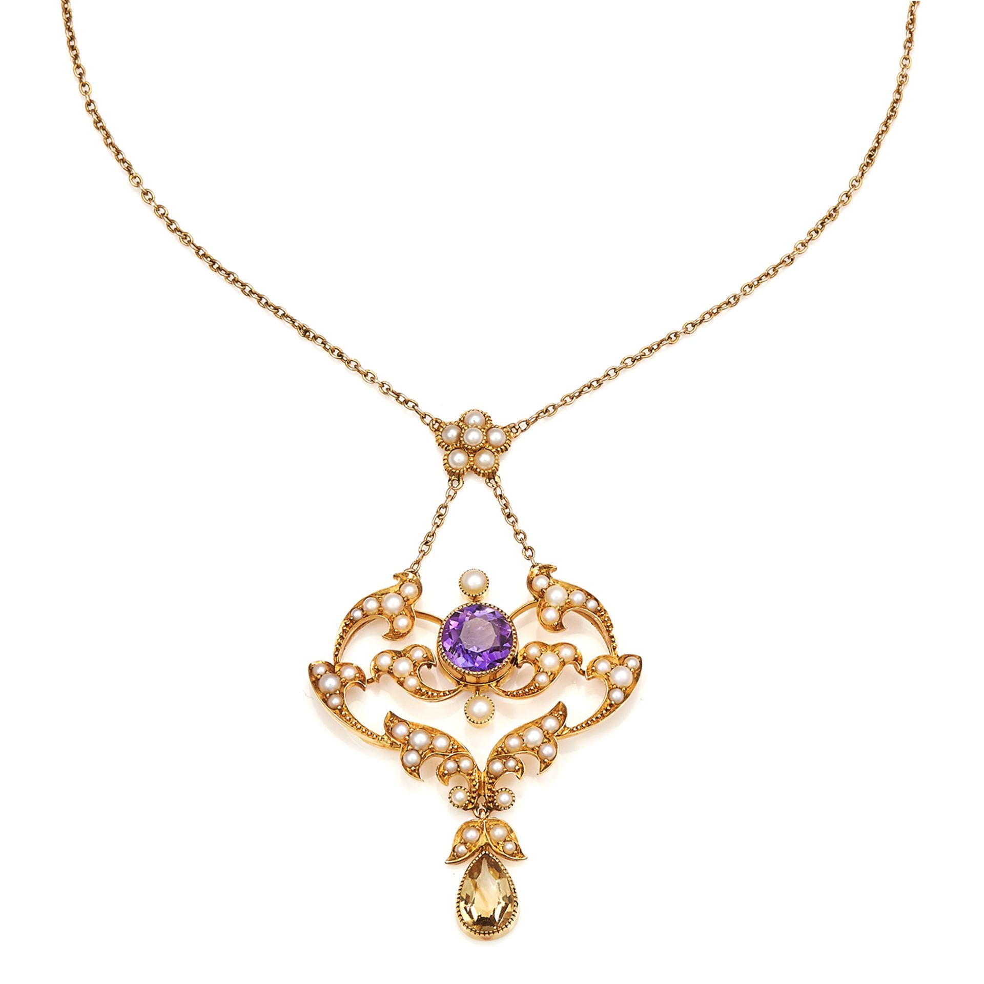 AN ANTIQUE AMETHYST, CITRINE AND PEARL NECKLACE, CIRCA 1915 in high carat yellow gold, with