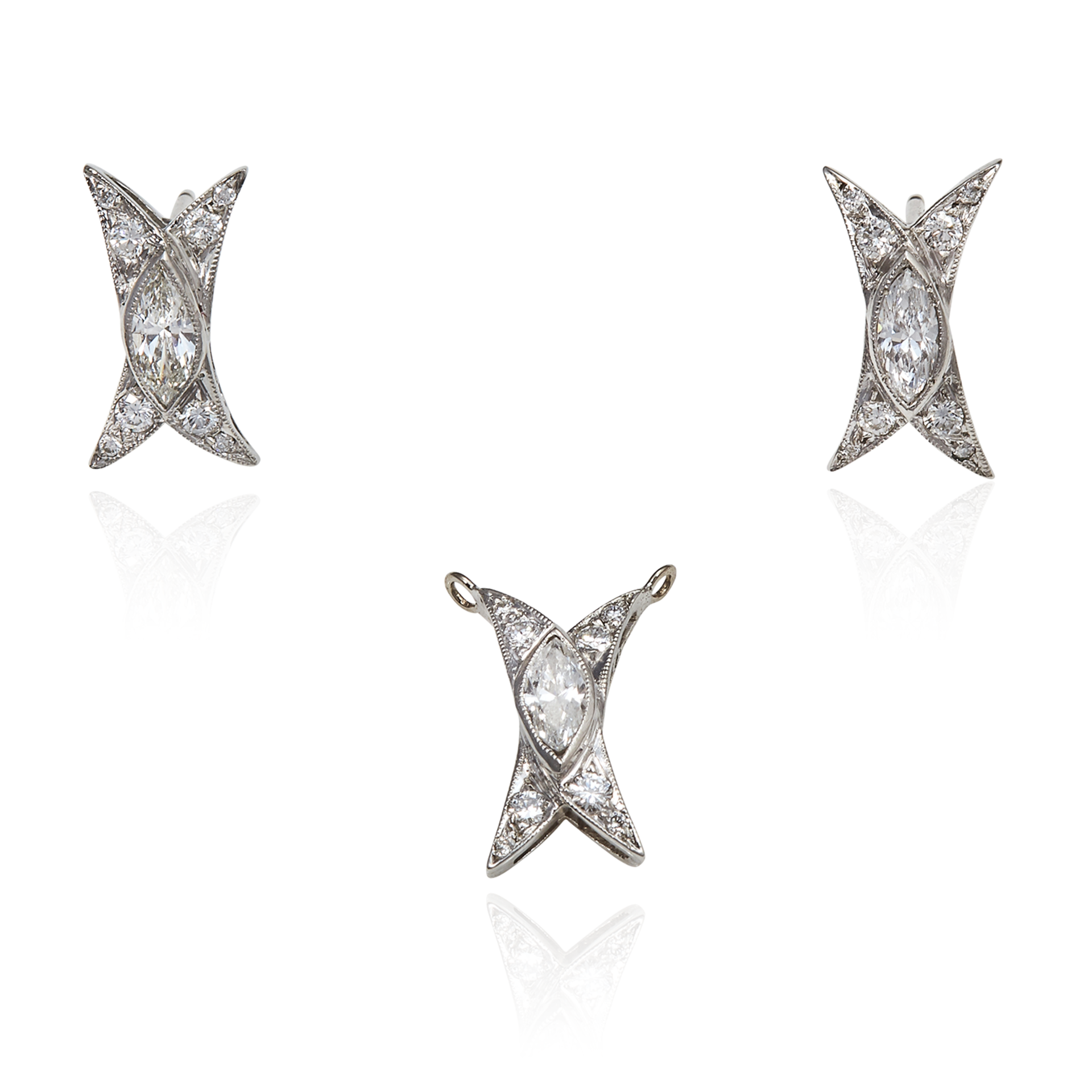 A DIAMOND EARRING AND PENDANT SUITE in white gold or platinum, the cross motif is set with a central