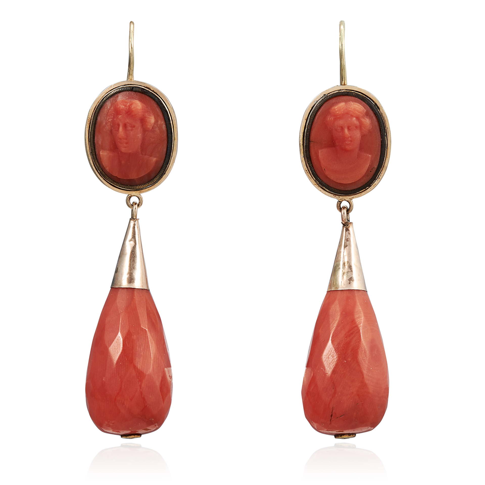 A PAIR OF ANTIQUE CORAL CAMEO DROP EARRINGS, EARLY 19TH CENTURY in high carat yellow gold, each