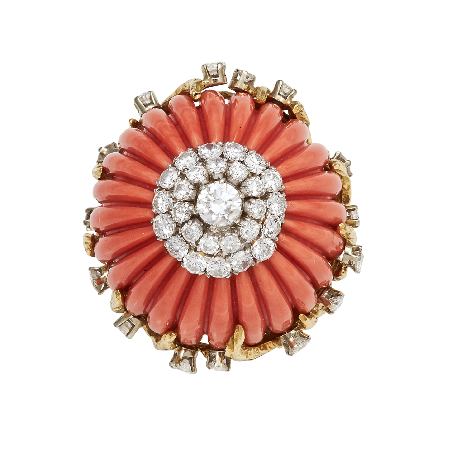 A VINTAGE CORAL AND DIAMOND COCKTAIL RING CIRCA 1970 in high carat yellow gold, of bombe form, the