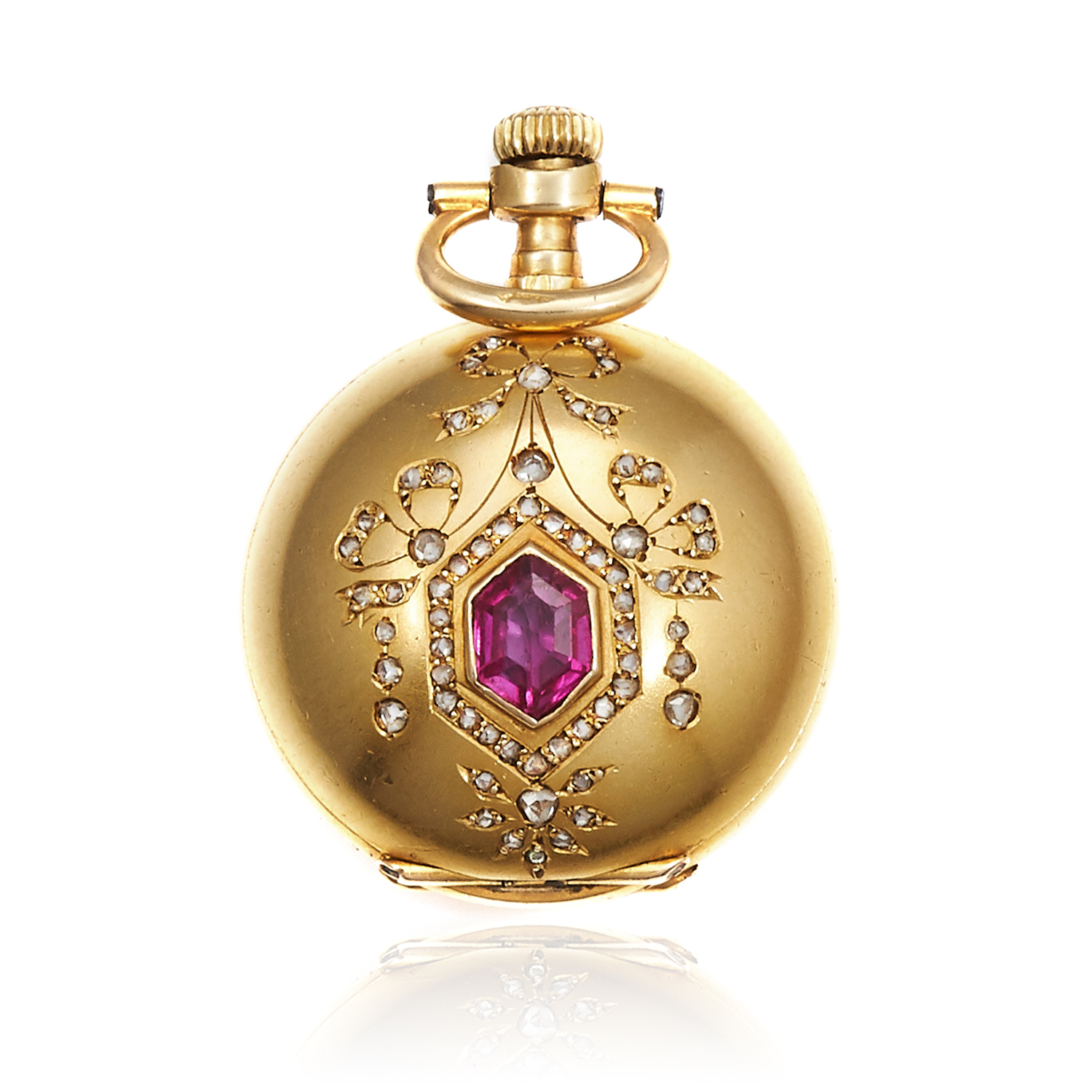 AN ANTIQUE RUBY AND DIAMOND POCKET WATCH in 18ct yellow gold, the circular body jewelled to the