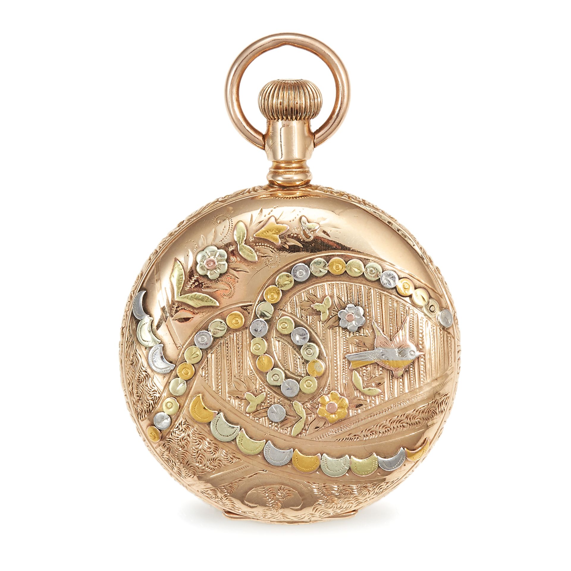 AN ANTIQUE POCKET WATCH, WALTHAM in 14ct gold, the circular case decorated with varicoloured gold