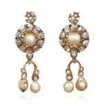 A PAIR OF ANTIQUE NATURAL PEARL AND DIAMOND EARRINGS in yellow gold, each with a pearl and rose