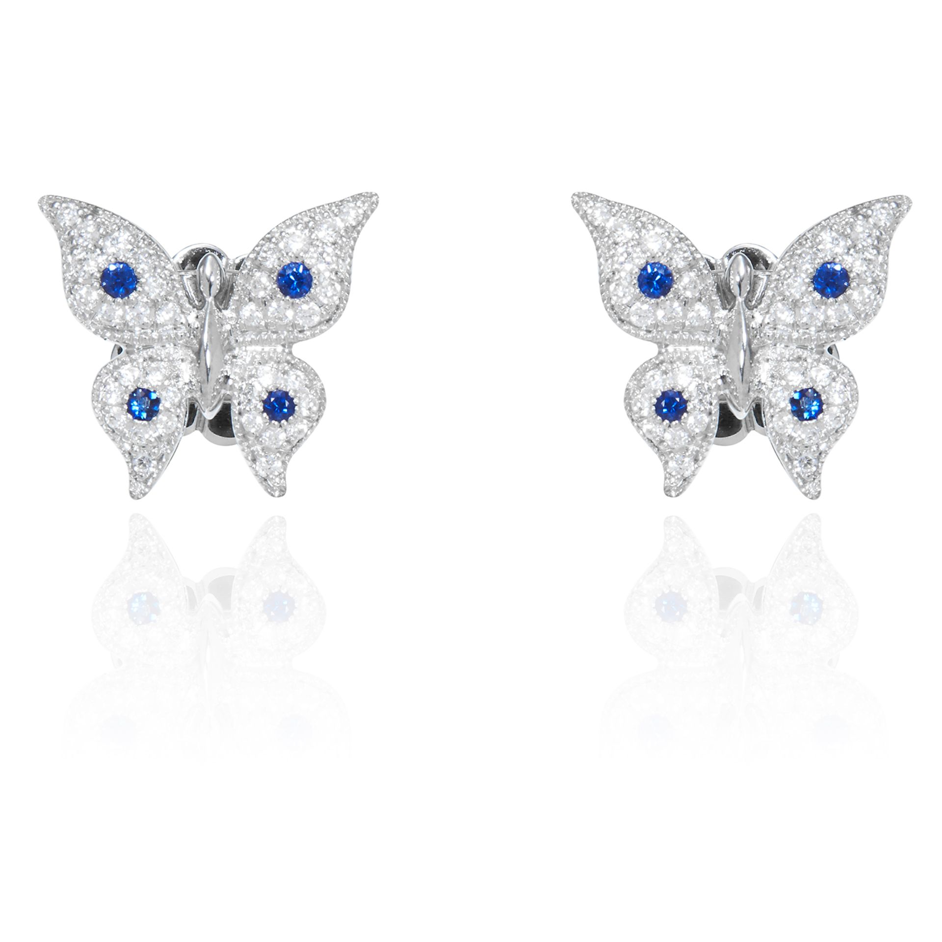 A PAIR OF DIAMOND AND SAPPHIRE BUTTERFLY EARRINGS in 18ct white gold, each designed as a