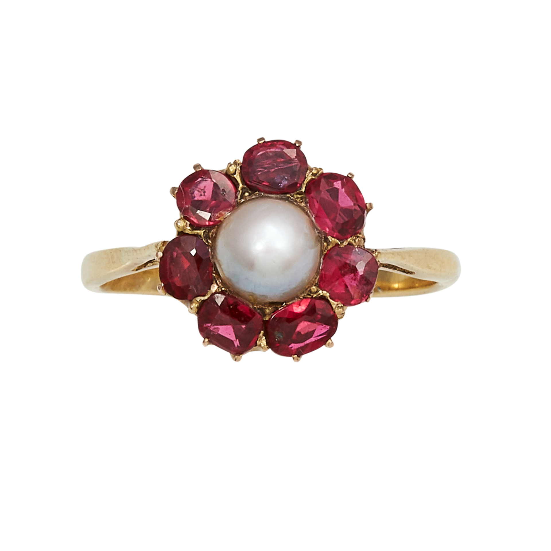 AN ANTIQUE PEARL AND RUBY DRESS RING in high carat yellow gold set with a central pearl of 5.0mm