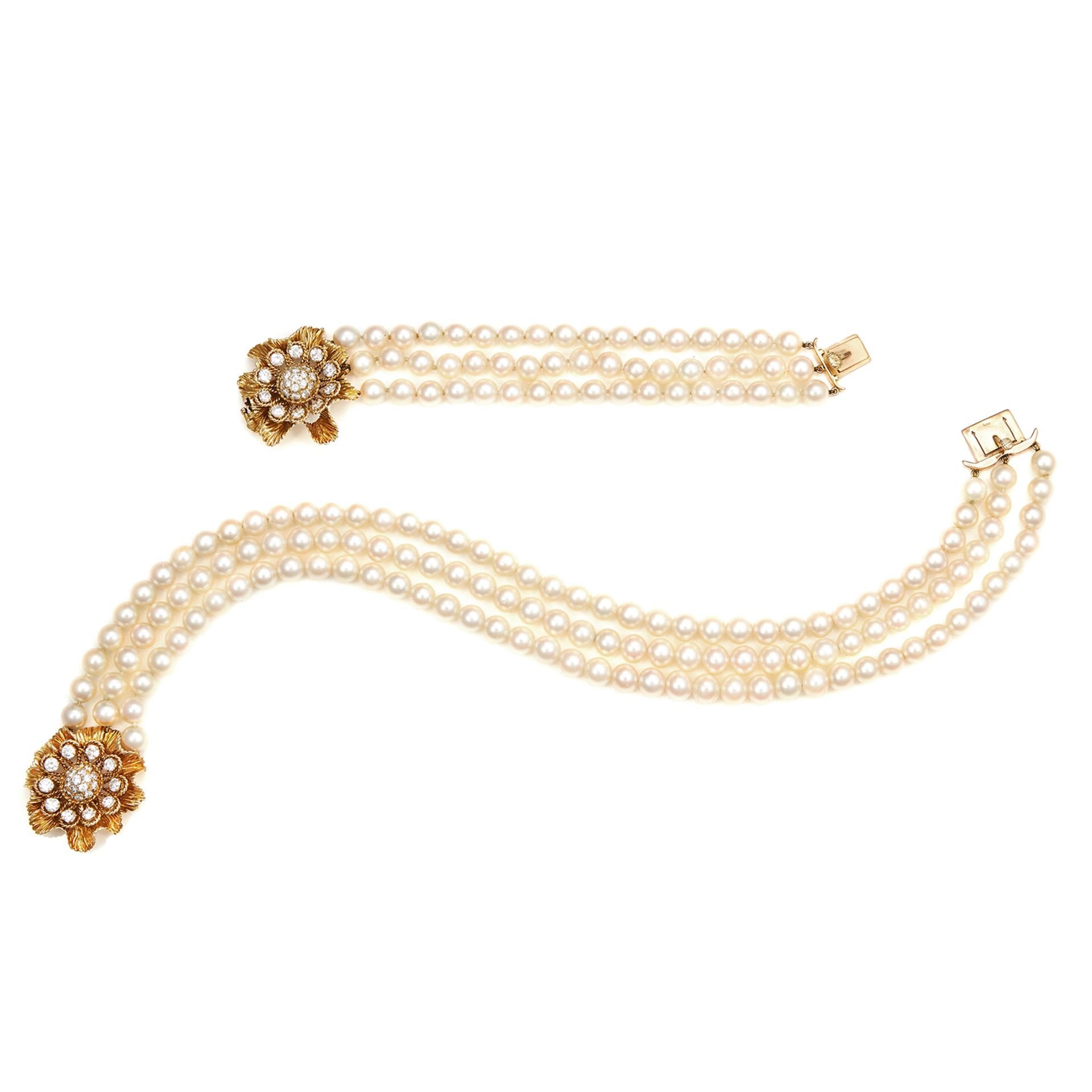 A PEARL AND DIAMOND NECKLACE AND BRACELET SUITE, KUTCHINSKY, CIRCA 1965, in 18ct yellow gold, each