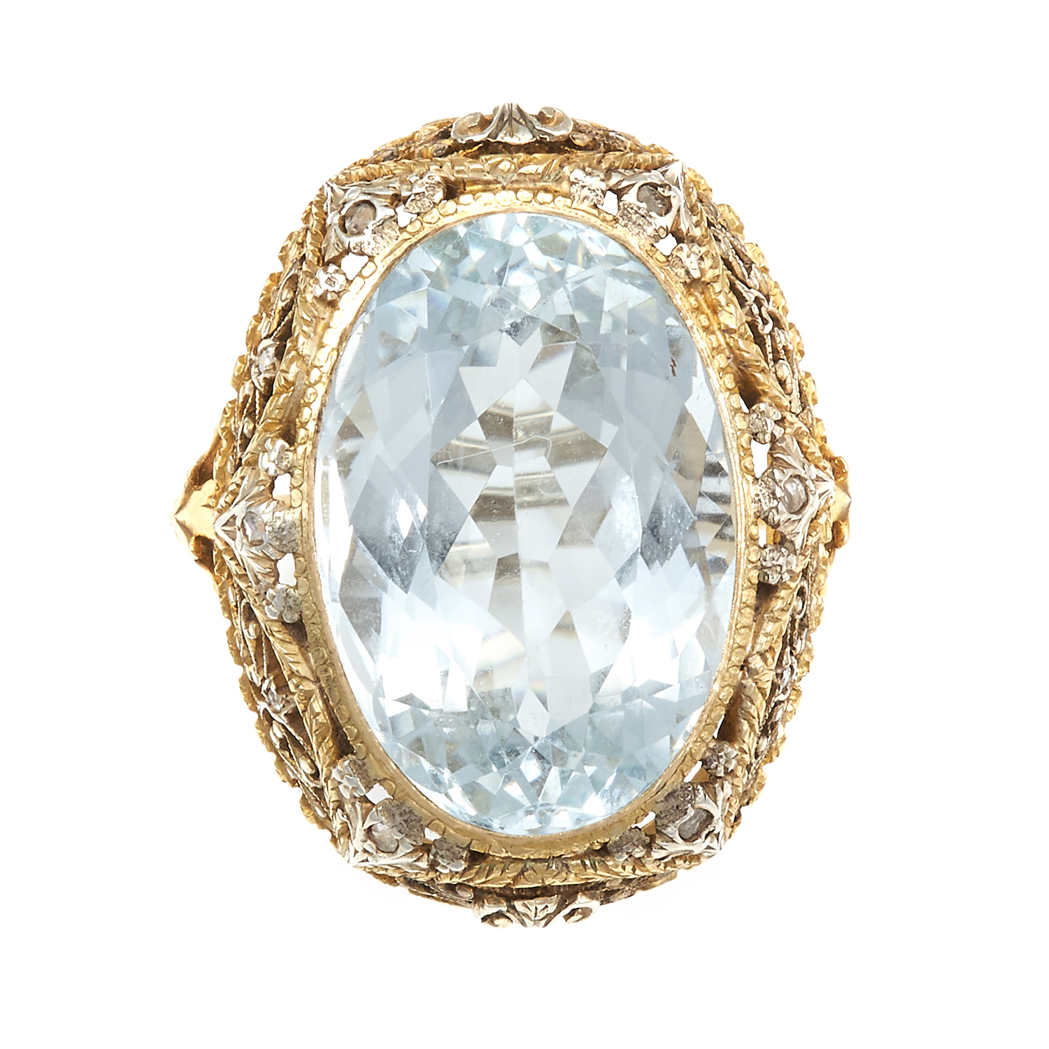 AN ANTIQUE AQUAMARINE AND DIAMOND RING in high carat gold, the oval cut aquamarine of 20.25 carats