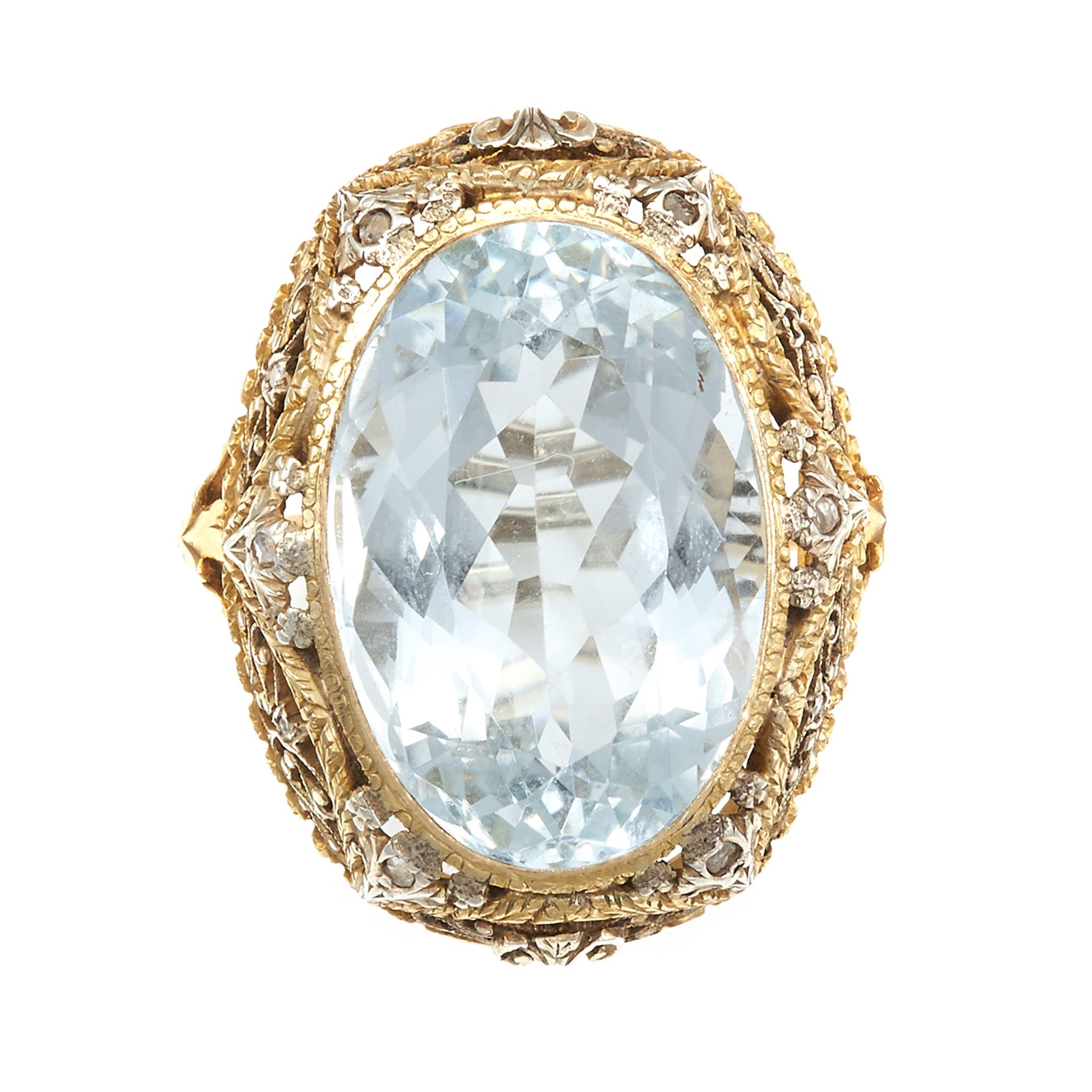 AN ANTIQUE AQUAMARINE AND DIAMOND RING in high carat gold, the oval cut aquamarine of 20.25 carats