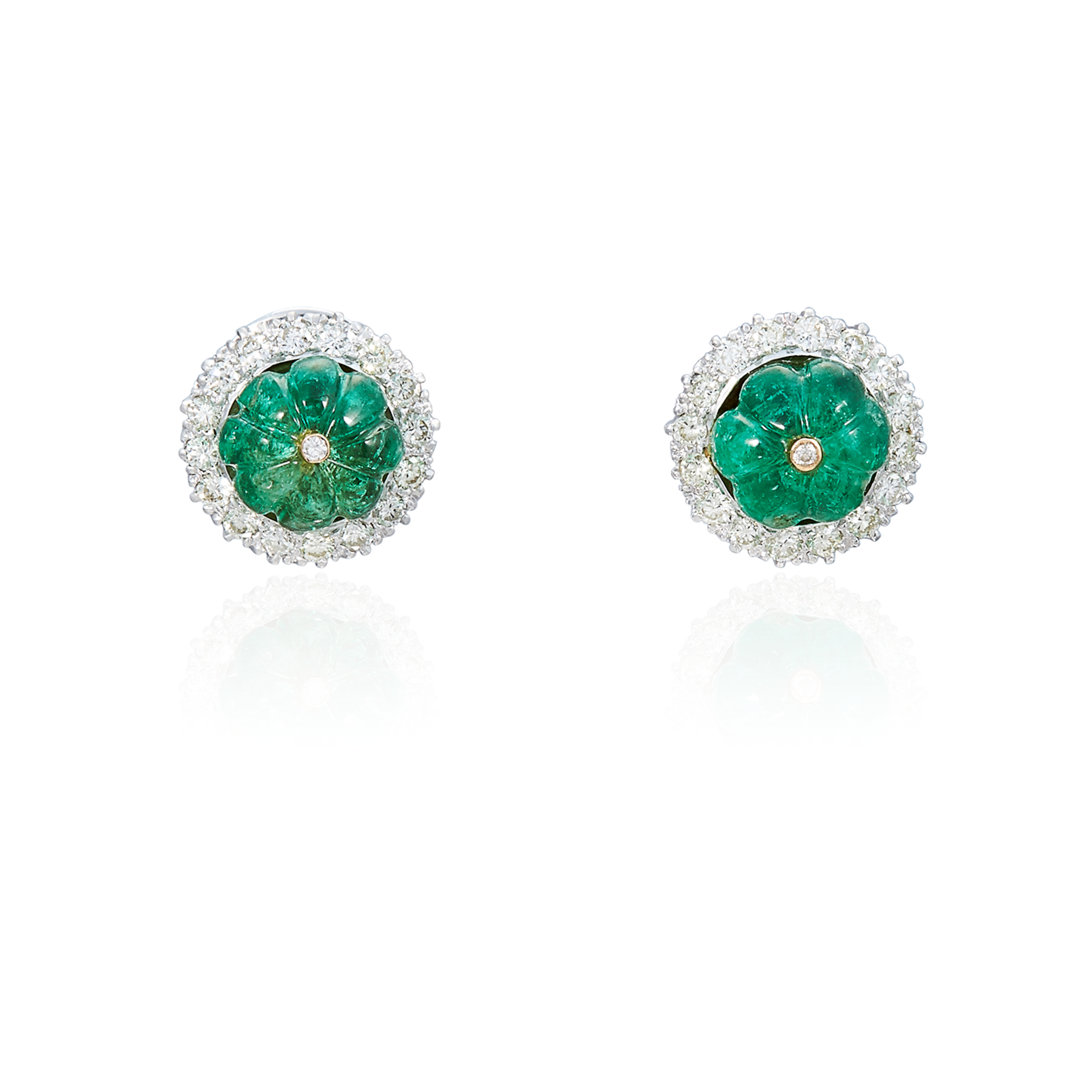 A PAIR OF CARVED EMERALD AND DIAMOND STUD EARRINGS in high 18ct white gold, each set with a circular