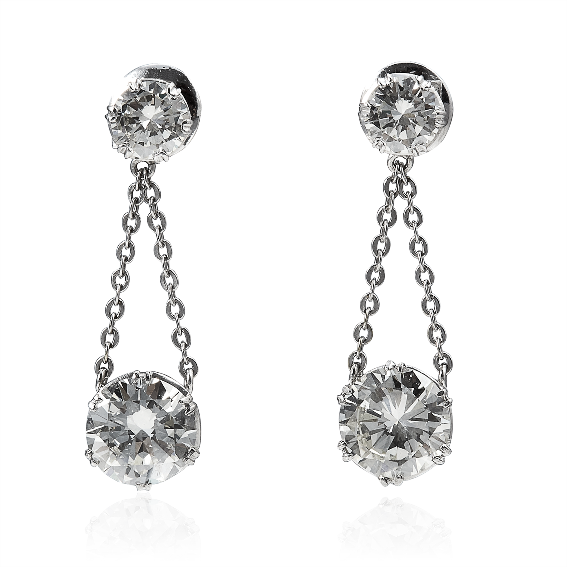 A PAIR OF 5.82 CARAT DIAMOND DROP EARRINGS in white gold or platinum, each set with a round cut