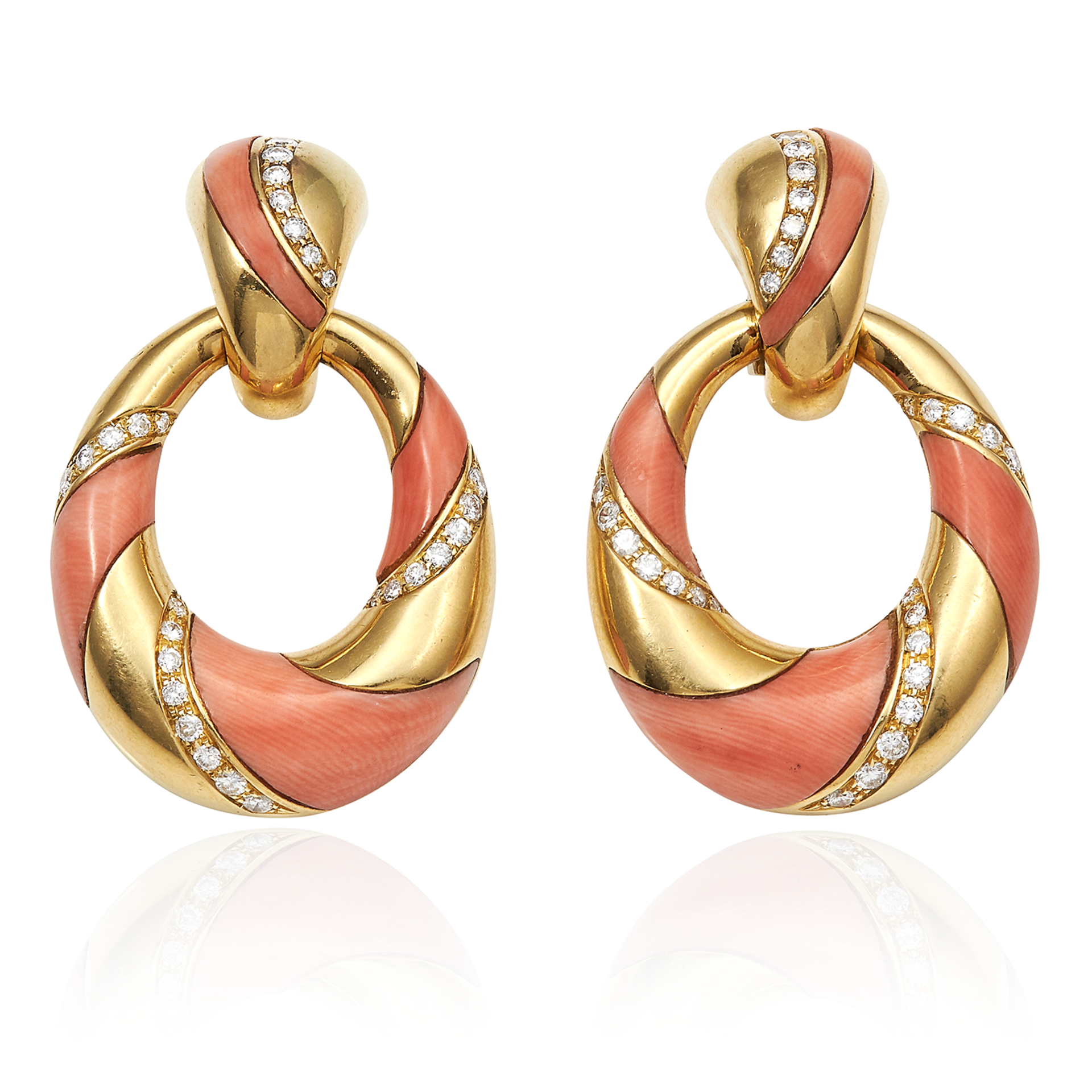 A PAIR OF CORAL AND DIAMOND EARRINGS, FRED in 18ct yellow gold, each set with a twisted diamond