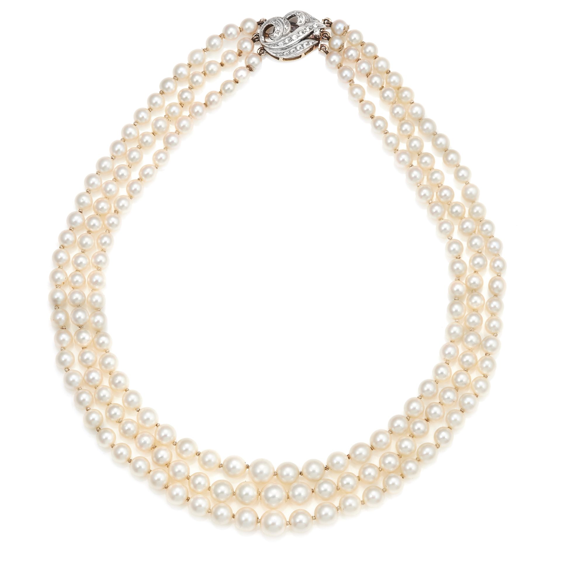 AN ANTIQUE PEARL AND DIAMOND NECKLACE in platinum or white gold, comprising three rows of one