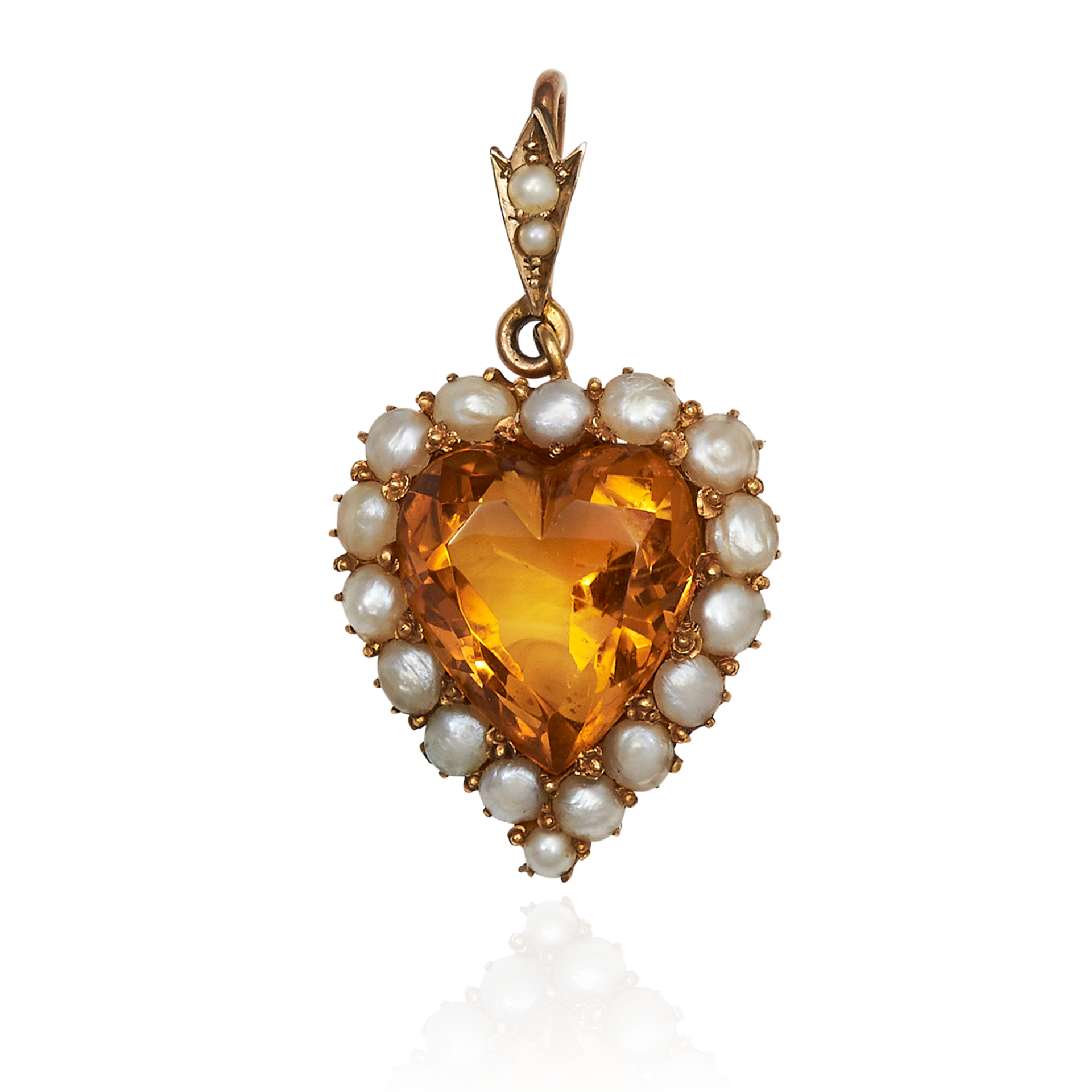 AN ANTIQUE CITRINE AND PEARL PENDANT, 19TH CENTURY in 15ct yellow gold, set with a heart cut citrine