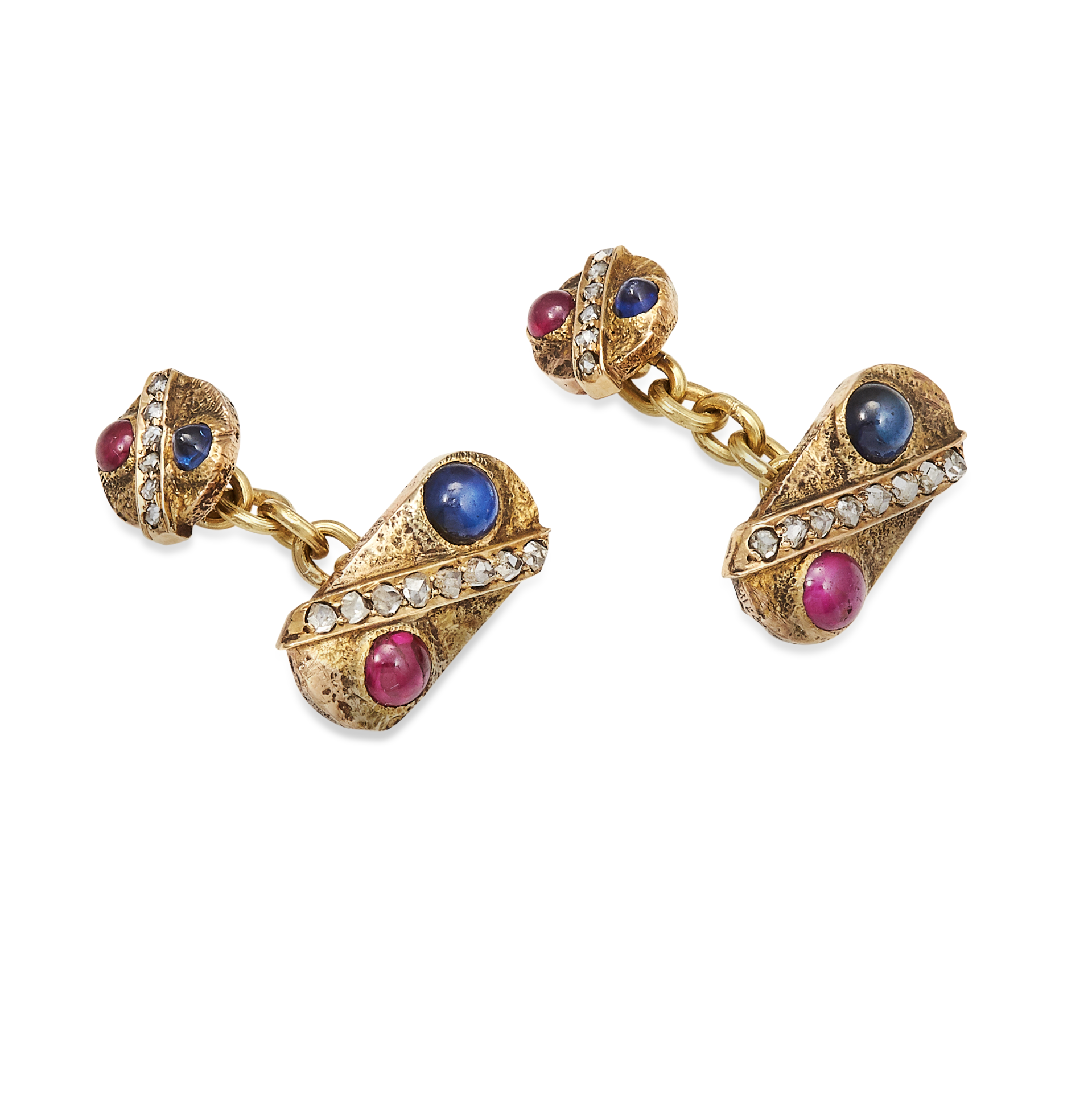 A PAIR OF RUBY, SAPPHIRE AND DIAMOND CUFFLINKS in high carat yellow gold, each link jewelled with