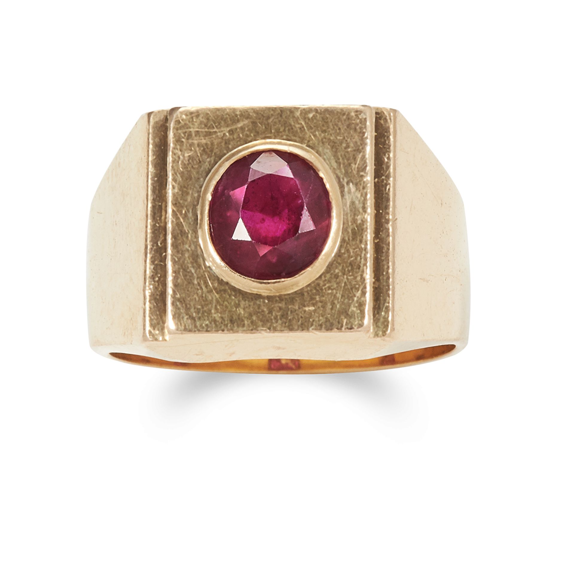 A RUBY DRESS RING in 18ct yellow gold, set with an oval cut ruby of 1.35 carats within a square face