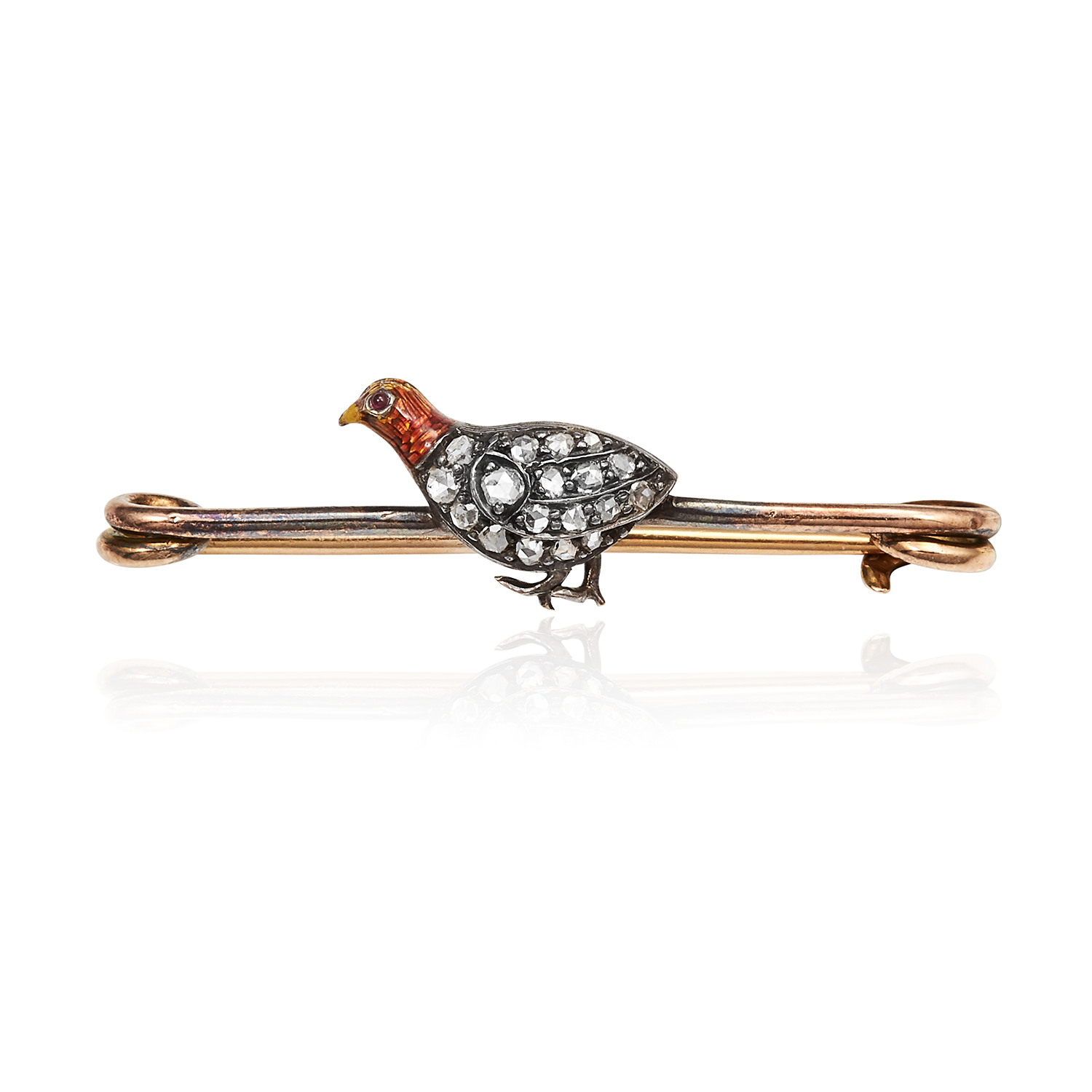 AN ANTIQUE RUBY, DIAMOND AND ENAMEL BIRD BROOCH in yellow gold and silver, the plain bar set with