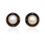 A PAIR OF MABE PEARL, RUBY AND ONYX EARRINGS, TRIANON, in 14ct yellow gold, set with a central