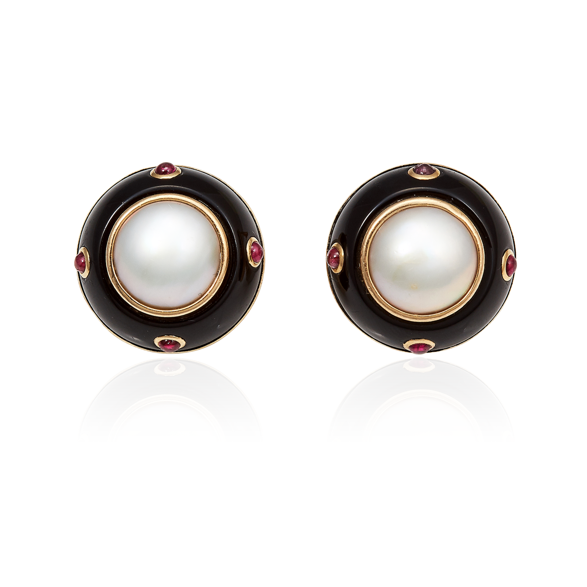 A PAIR OF MABE PEARL, RUBY AND ONYX EARRINGS, TRIANON, in 14ct yellow gold, set with a central