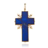 AN ANTIQUE LAPIS LAZULI CRUCIFIX / CROSS PENDANT, CARLO GIULIANO in high carat yellow gold, set with