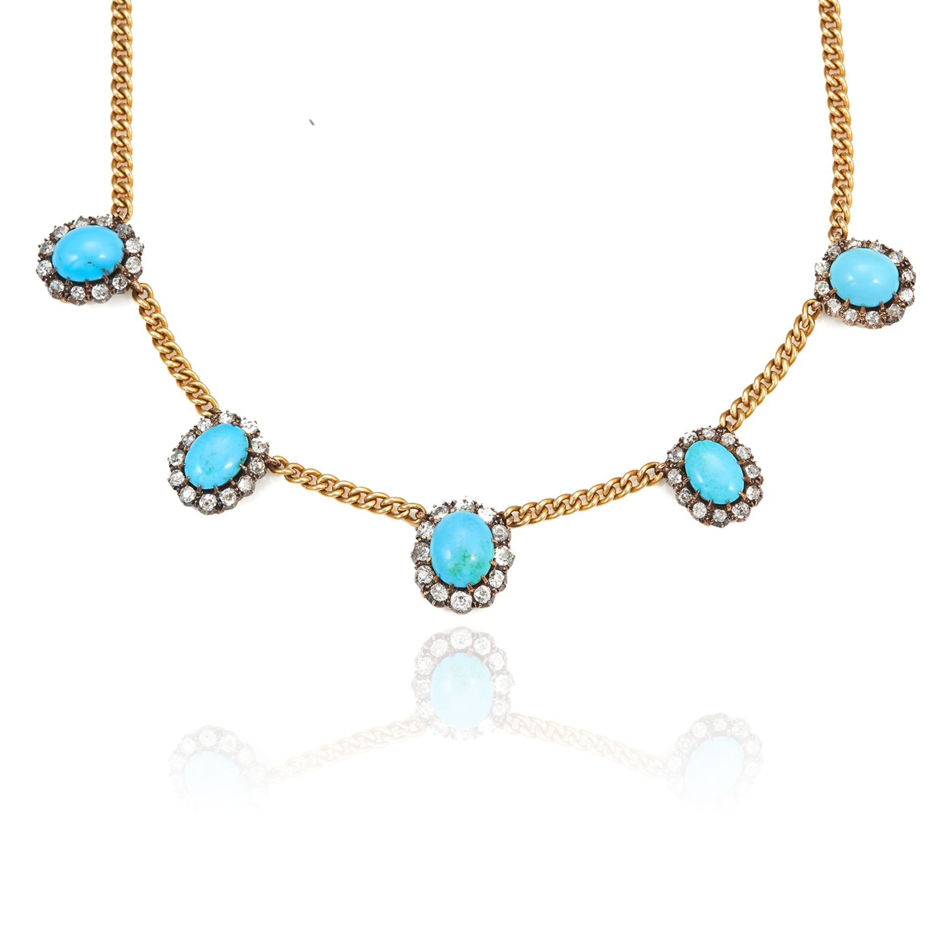 AN ANTIQUE TURQUOISE AND DIAMOND NECKLACE in 18ct yellow gold and silver, the curb link necklace