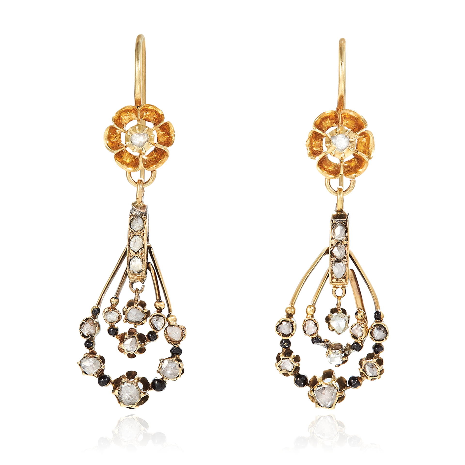 A PAIR OF ANTIQUE DIAMOND EARRINGS in high carat yellow gold, the articulated body of each formed of