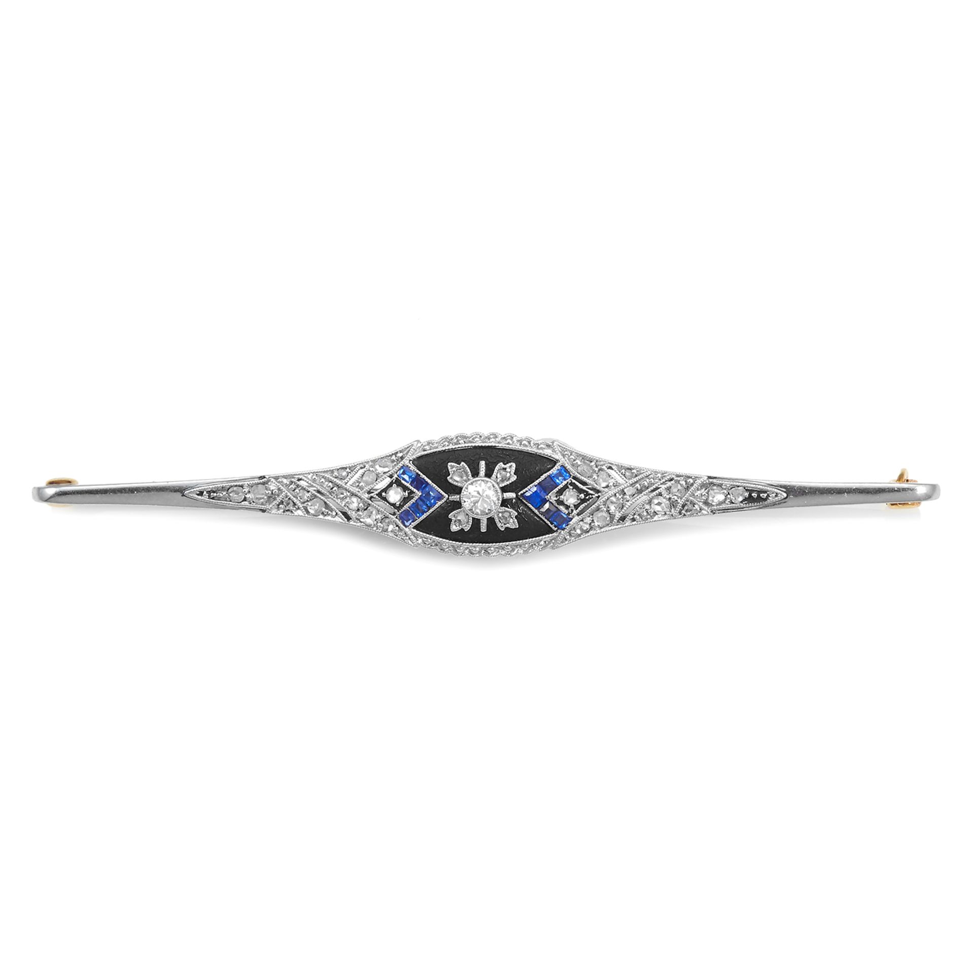 AN ART DECO ONYX, SAPPHIRE AND DIAMOND BAR BROOCH in high carat yellow gold and platinum, the