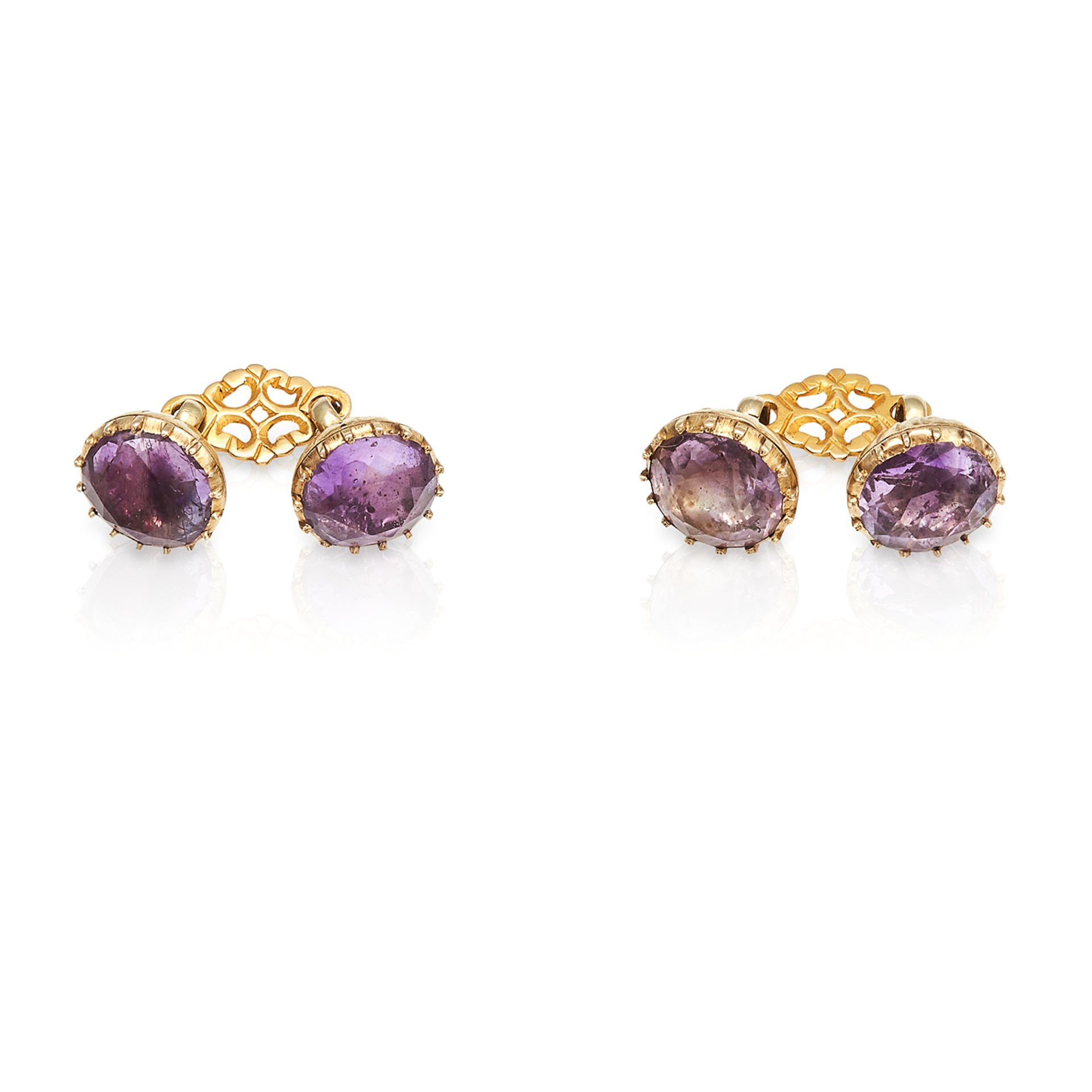 A PAIR OF ANTIQUE AMETHYST CUFFLINKS, EARLY 19TH CENTURY in yellow gold, each link set with a