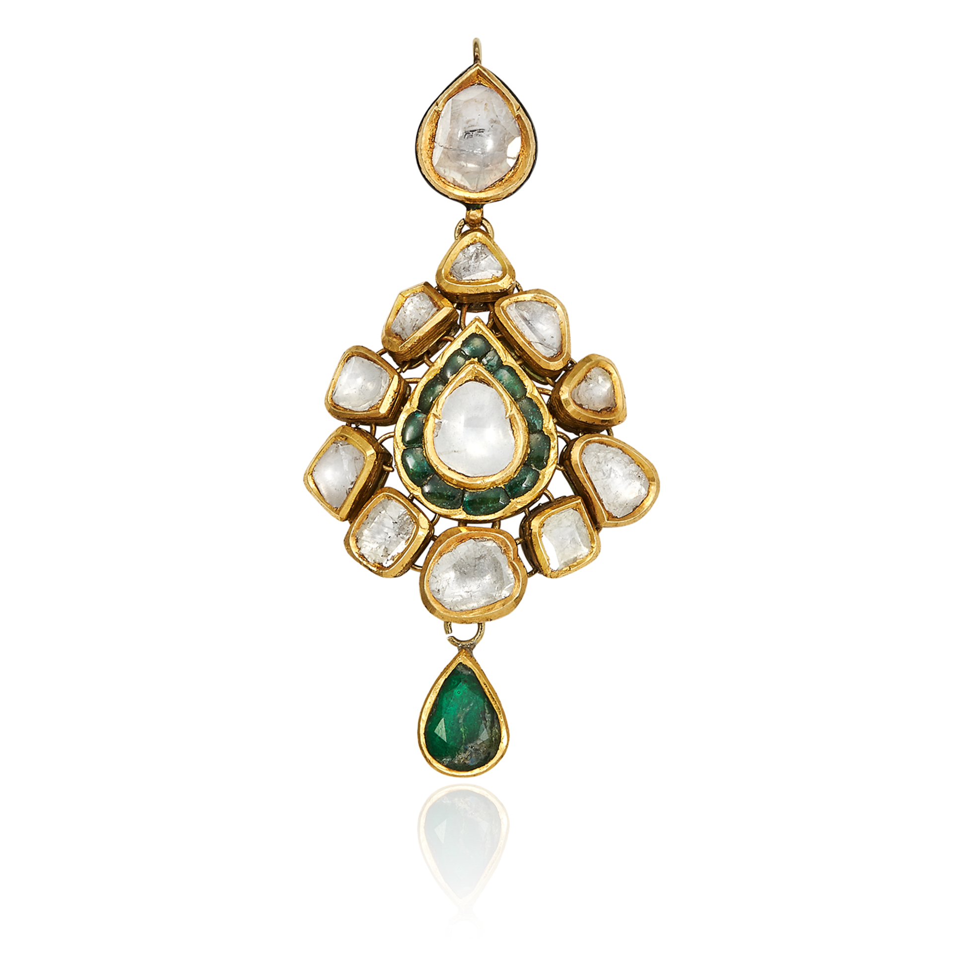A DIAMOND, EMERALD AND ENAMEL PENDANT, INDIAN in high carat yellow gold, the central diamond
