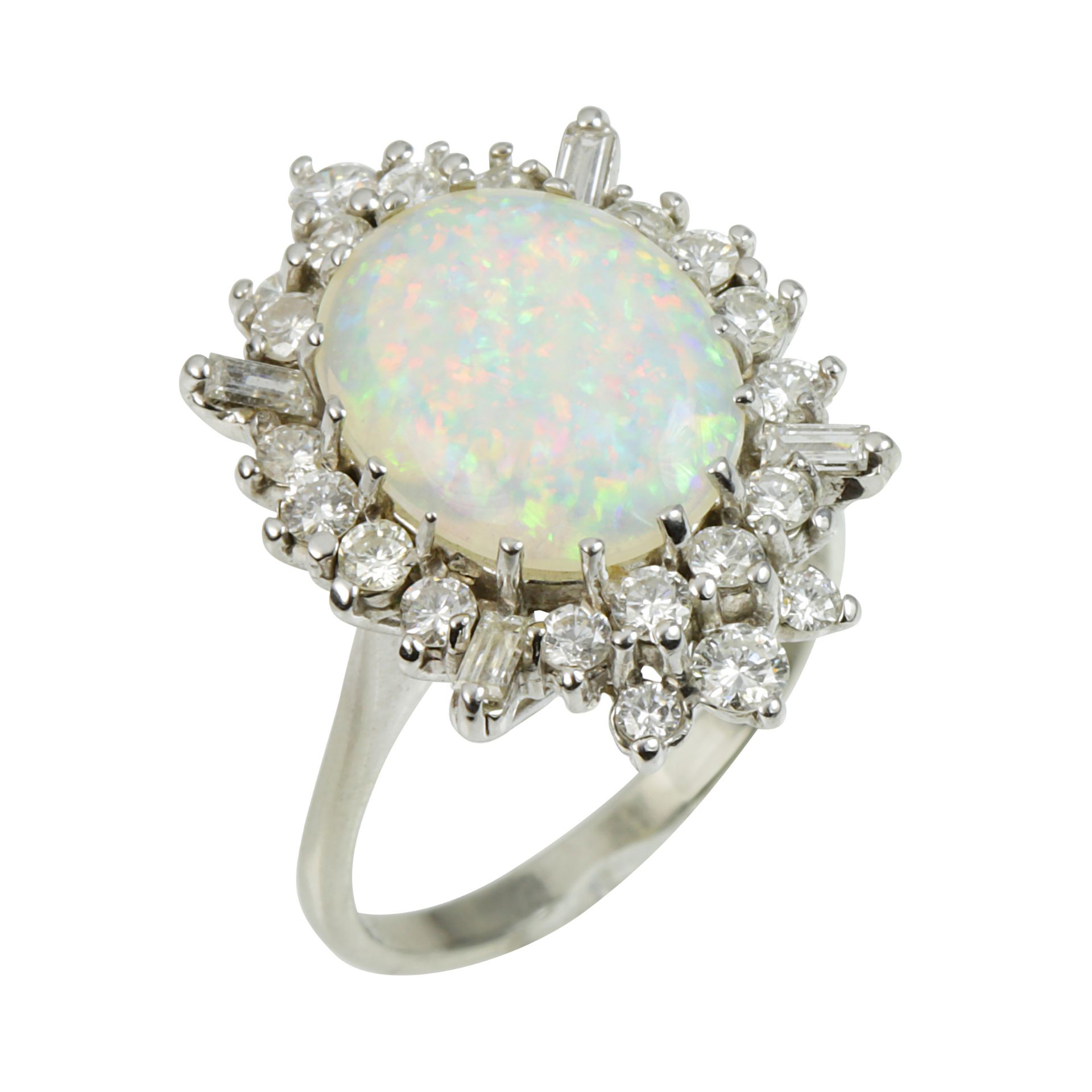 AN OPAL AND DIAMOND CLUSTER RING in 18ct white gold, set with a central cabochon opal within a