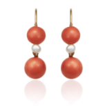 A PAIR OF ANTIQUE CORAL AND PEARL EARRINGS in high carat yellow gold, each set with a large coral