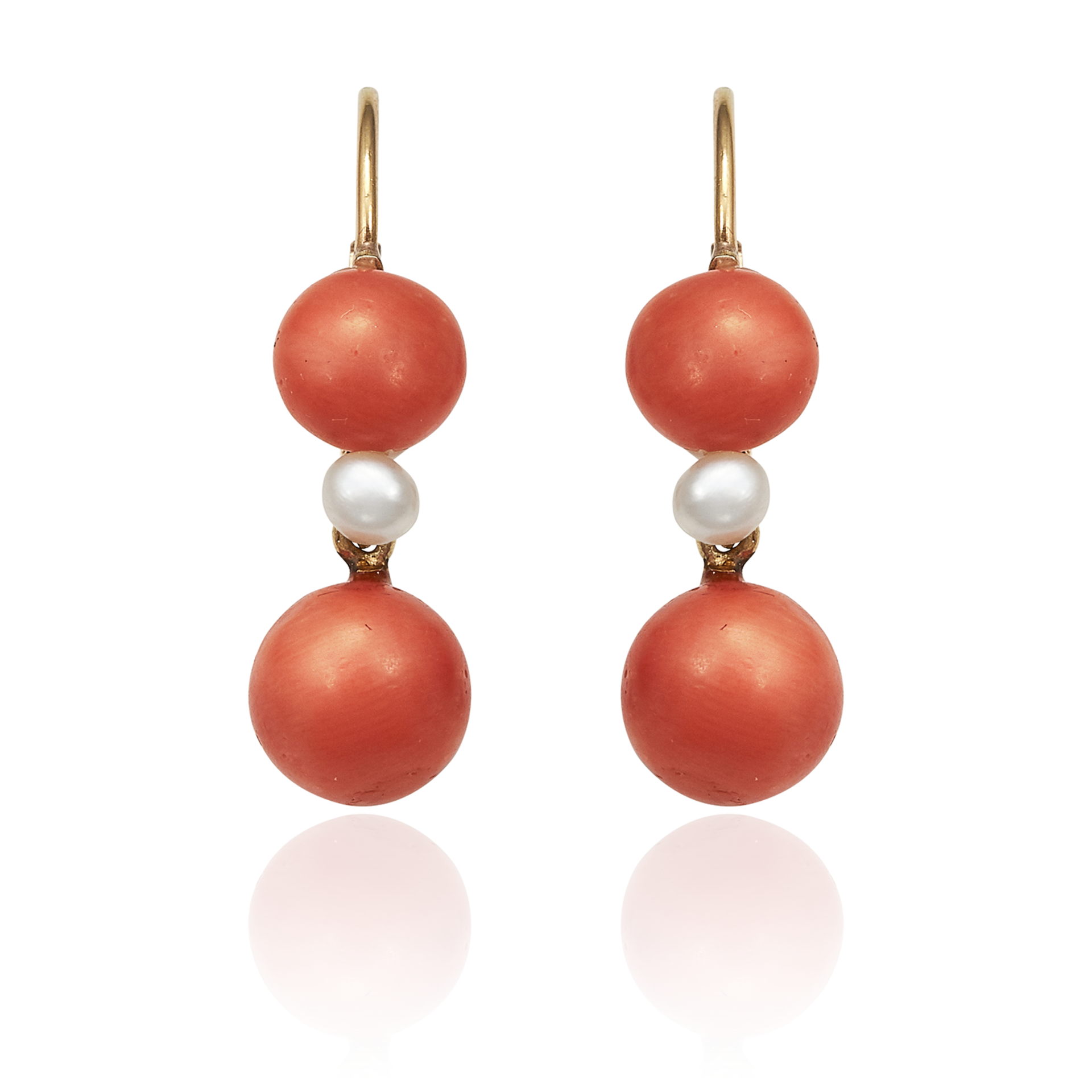 A PAIR OF ANTIQUE CORAL AND PEARL EARRINGS in high carat yellow gold, each set with a large coral