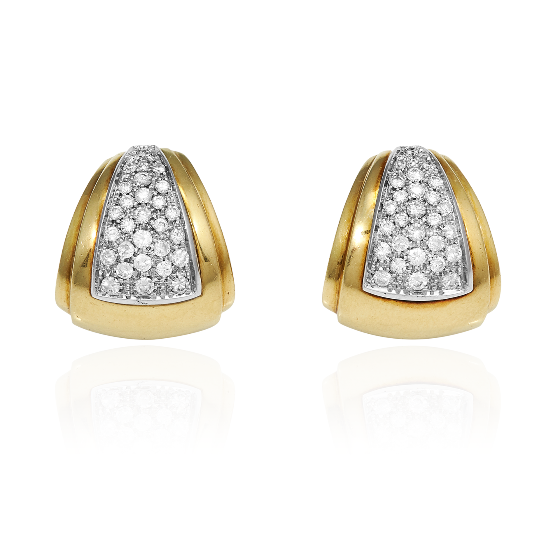 A PAIR OF VINTAGE DIAMOND EARRINGS in 18ct yellow gold, jewelled with round cut diamonds in a