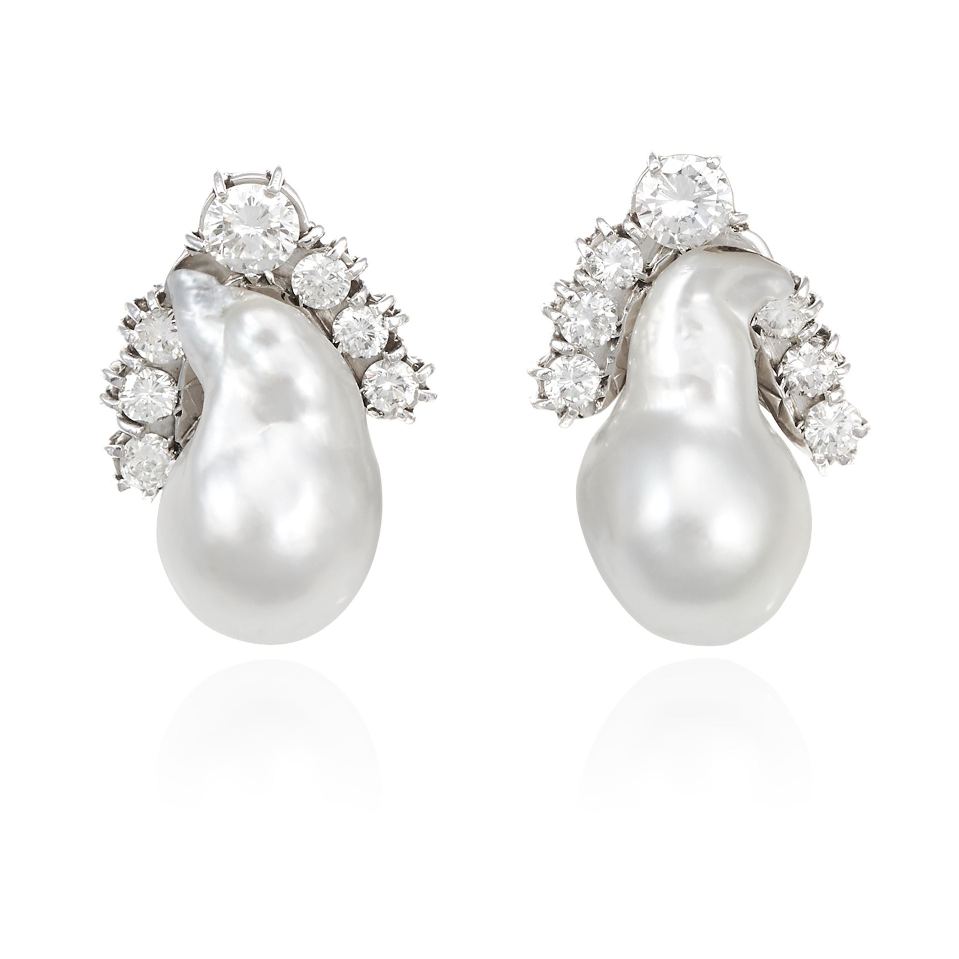 A PAIR OF PEARL AND DIAMOND EARRINGS in white gold, each set with a baroque pearl of 19.5-20.0mm