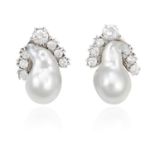 A PAIR OF PEARL AND DIAMOND EARRINGS in white gold, each set with a baroque pearl of 19.5-20.0mm