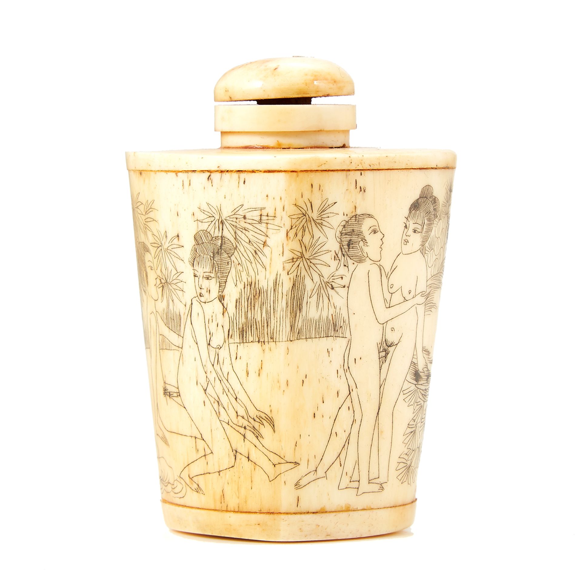 AN ANTIQUE CHINESE EROTIC BONE SNUFF BOTTLE, 19TH CENTURY decorated with erotic scenes, 6.5cm.