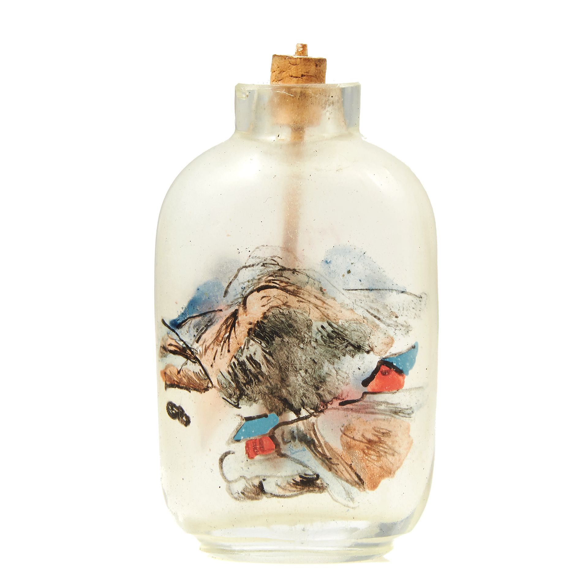 AN ANTIQUE CHINESE PAINTED GLASS SNUFF BOTTLE, EARLY 20TH CENTURY with painted scenes to both sides,