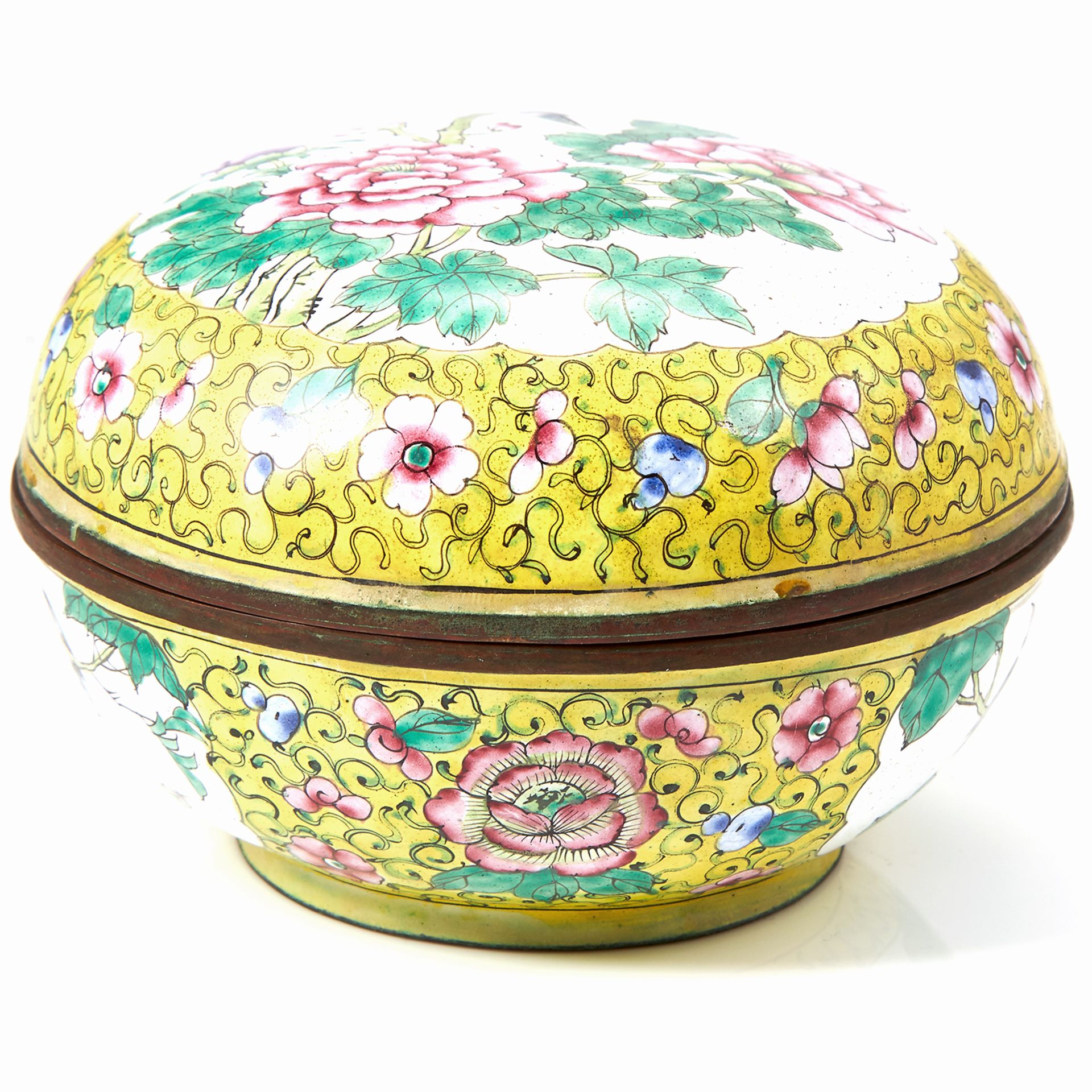 A CHINESE CLOISONNE ENAMEL BRONZE BOX of circular form, decorated in enamel with pink peonies