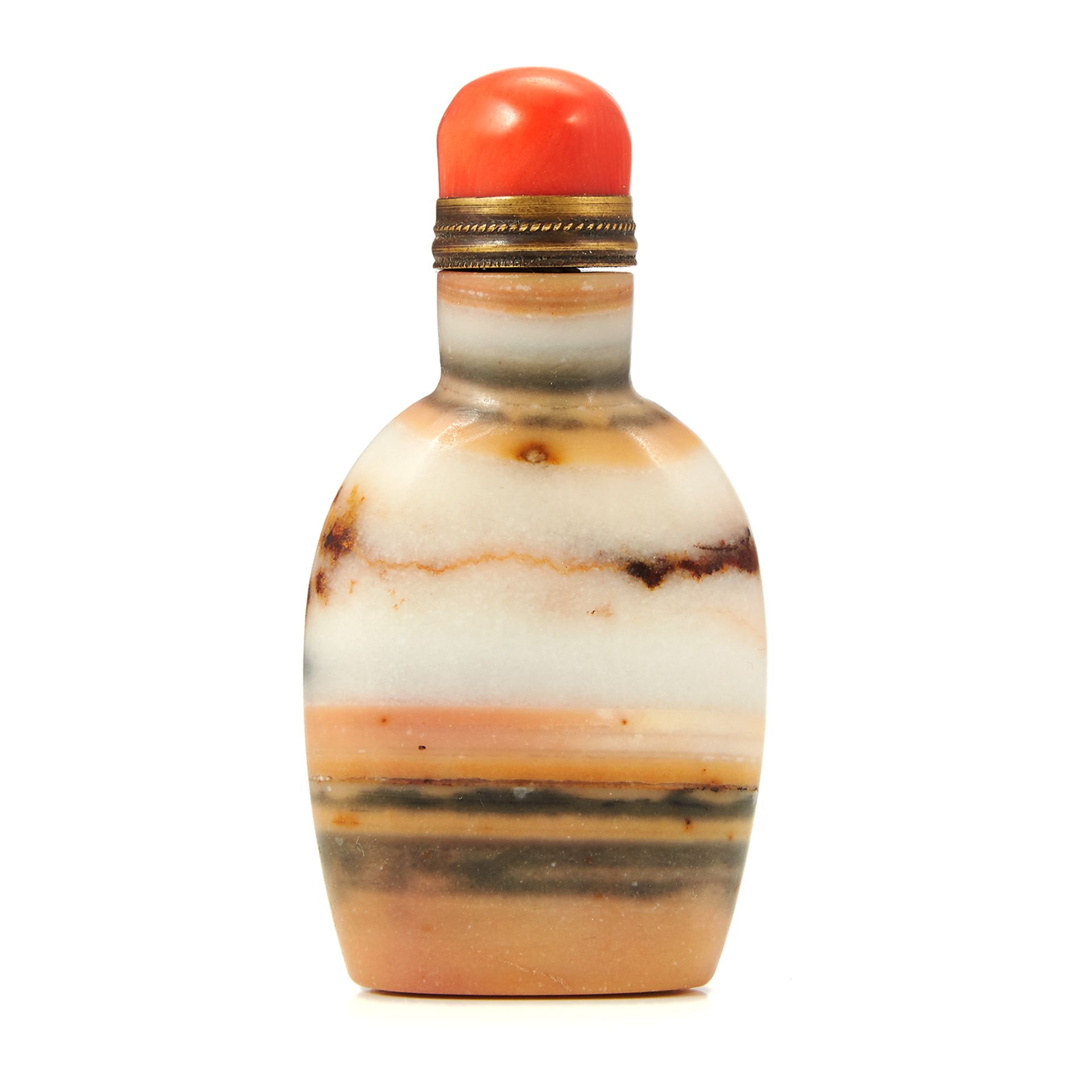 A CHINESE BANDED HARDSTONE SNUTT BOTTLE with coral cap, 7.6cm.