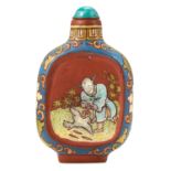 A CHINESE STONEWARE SNUFF BOTTLE with floral motifs, each side with a scene depicting a gentleman,