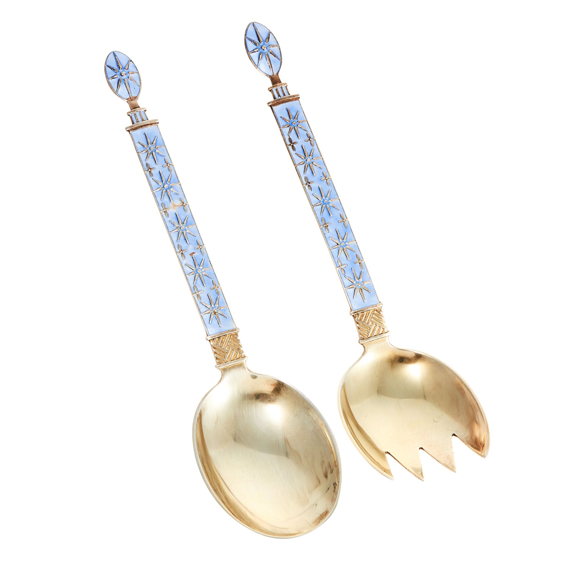 AN ANTIQUE ENAMELLED NORWEGIAN SILVER FORK AND SPOON SET, J TOSTRUP each handle decorated in blue