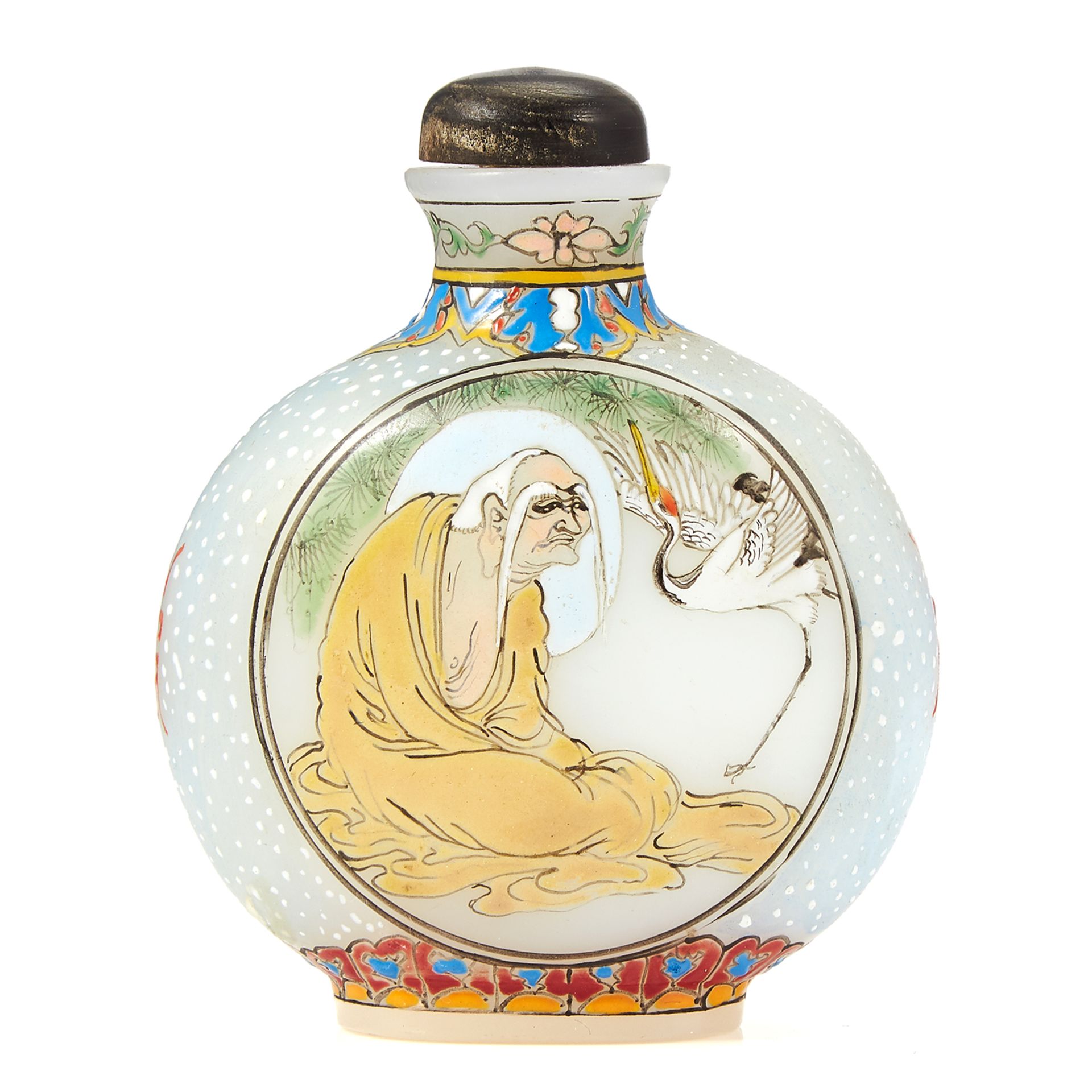 A VINTAGE CHINESE PAINTED GLASS SNUFF BOTTLE with scenes depicting elderly gentleman and animals,