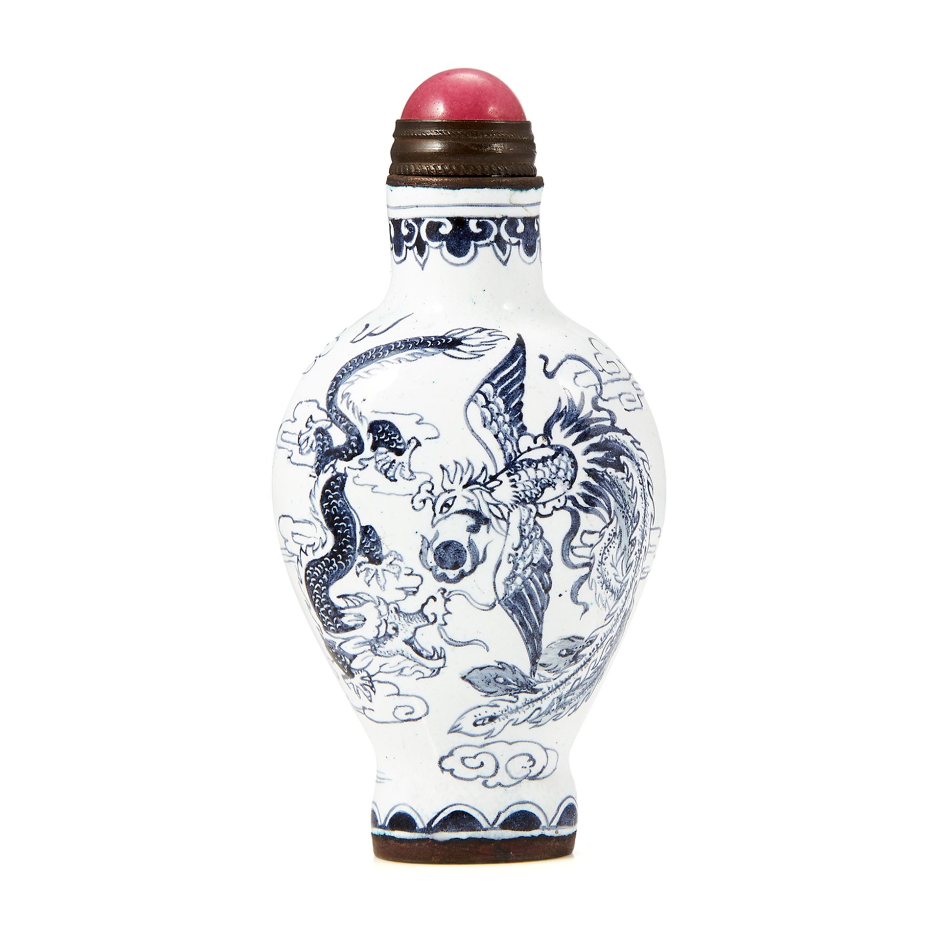 AN ANTIQUE CHINESE PAINTED BRONZE SNUFF BOTTLE with blue and white scenes depicting dragons, 8.6cm.