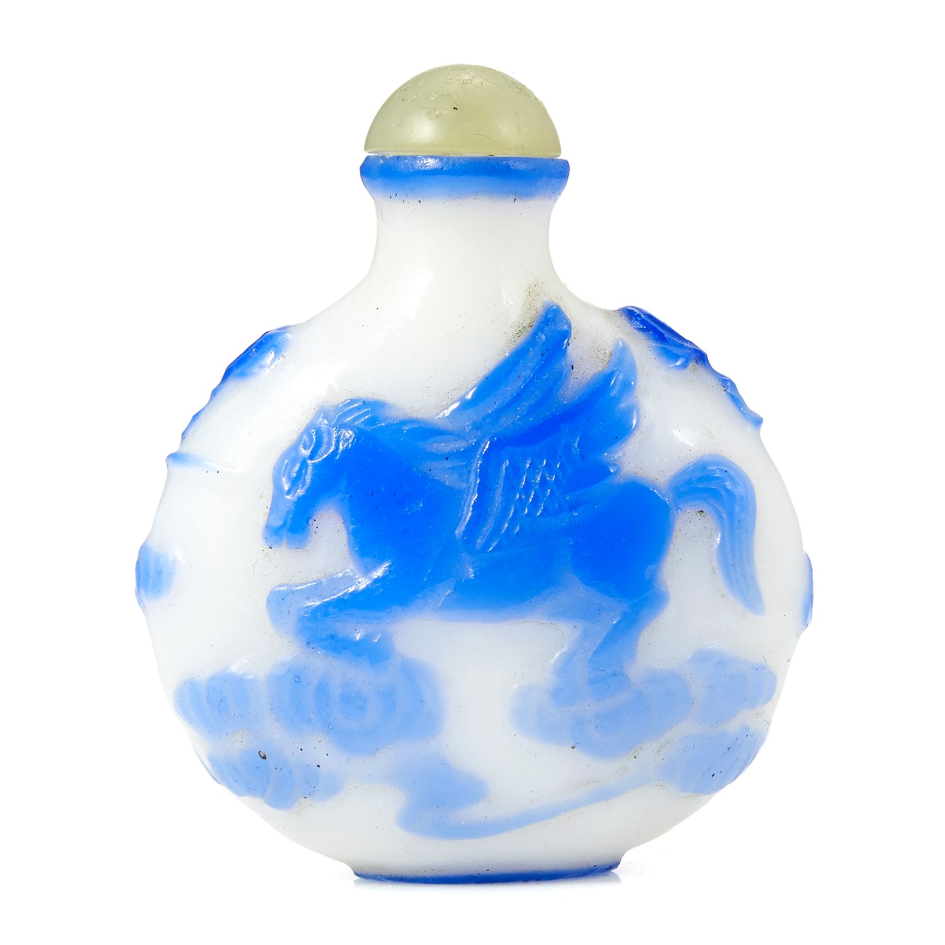 A CHINESE BLUE AND WHITE PEKING GLASS SNUFF BOTTLE 5.5cm.