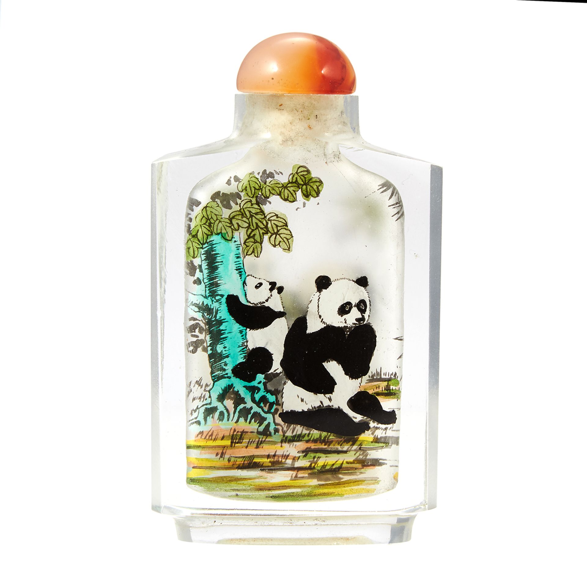 A CHINESE PAINTED GLASS SNUFF BOTTLE with painted scenes of pandas, 8.3cm.
