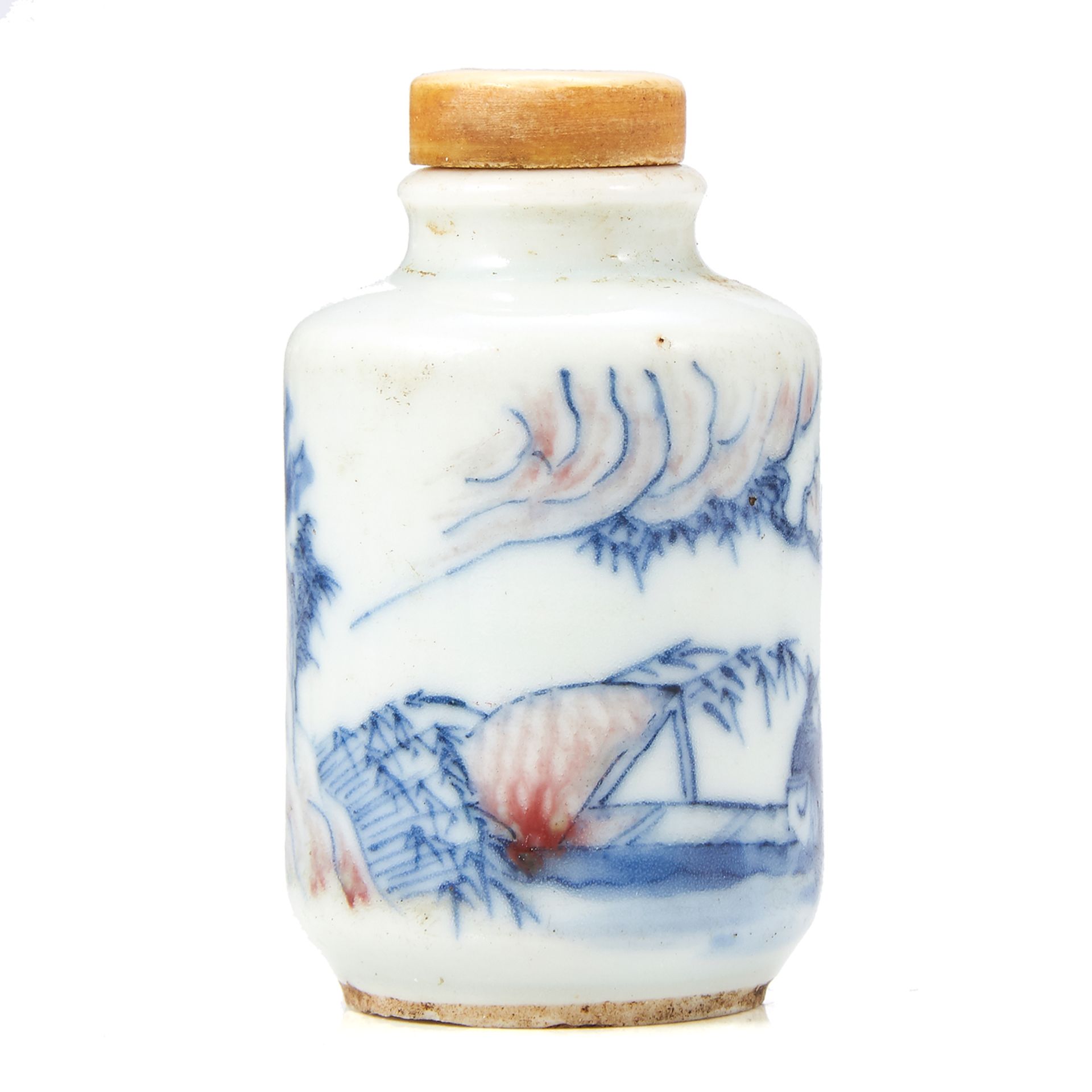 AN ANTIQUE CHINESE BLUE AND WHITE SNUFF BOTTLE, 19TH CENTURY painted with traditional scenes, 4.