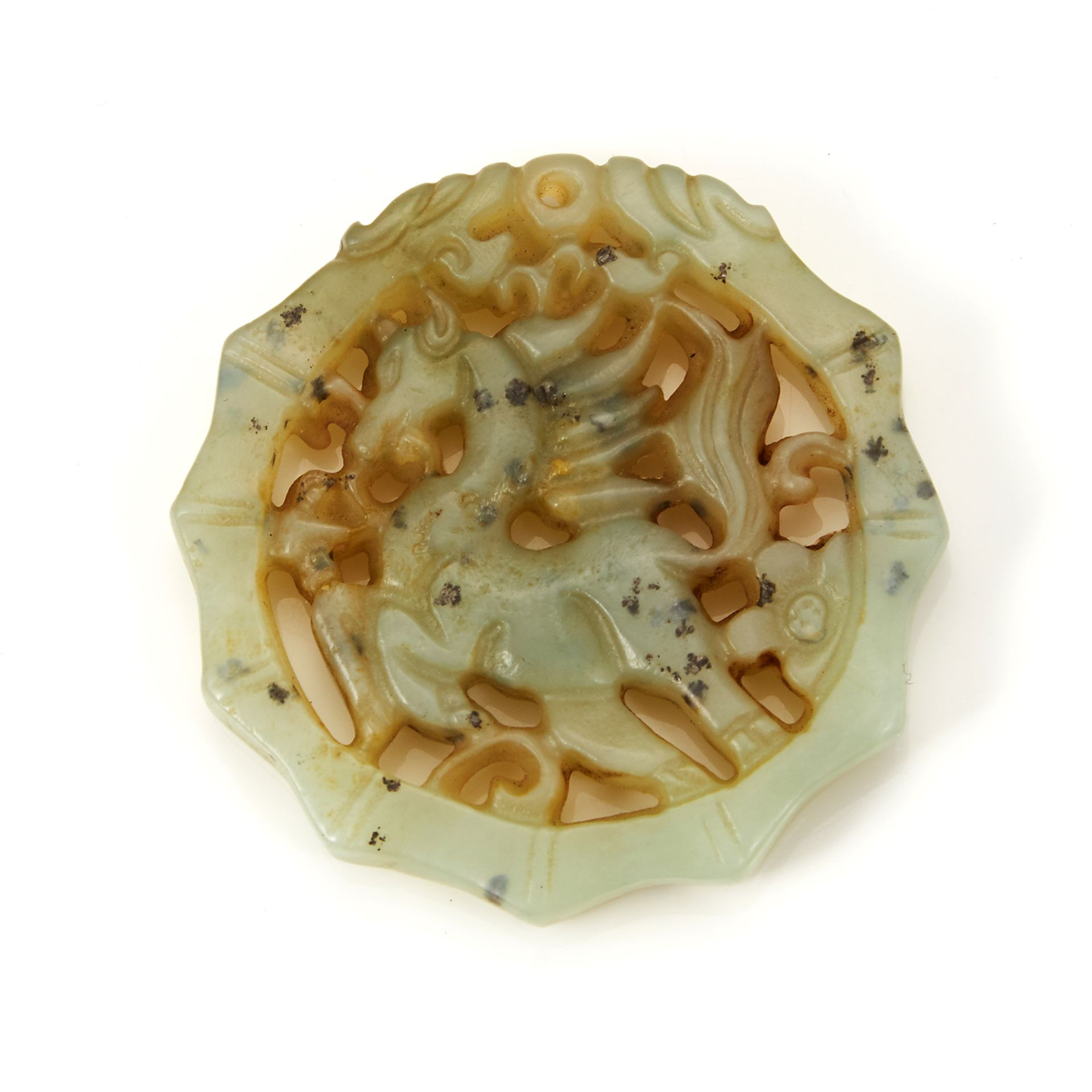 A CHINESE JADE HORSE DISC PENDANT of circular form, carved with an openwork design of a horse