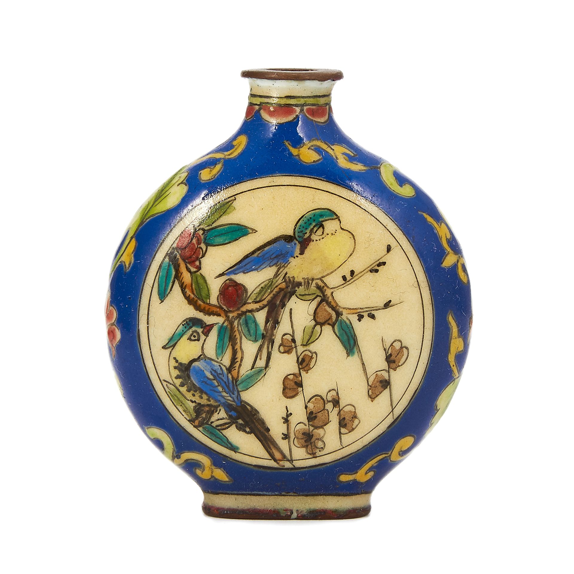 A CHINESE ENAMEL SNUFF BOTTLE rounded form with painted scenes depicting birds among foliage, no