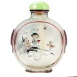 A CHINESE PAINTED GLASS SNUFF BOTTLE, EARLY 20TH CENTURY with painted scenes and jade cap, 8.8cm.