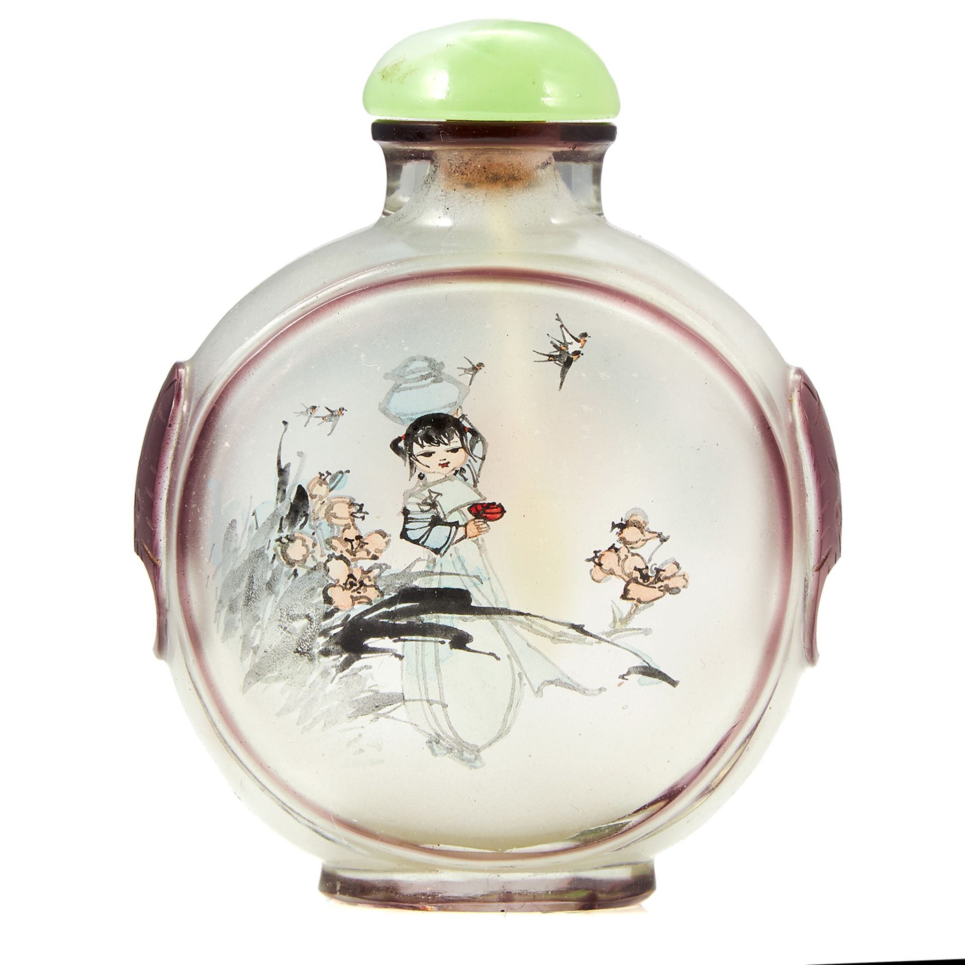 A CHINESE PAINTED GLASS SNUFF BOTTLE, EARLY 20TH CENTURY with painted scenes and jade cap, 8.8cm.