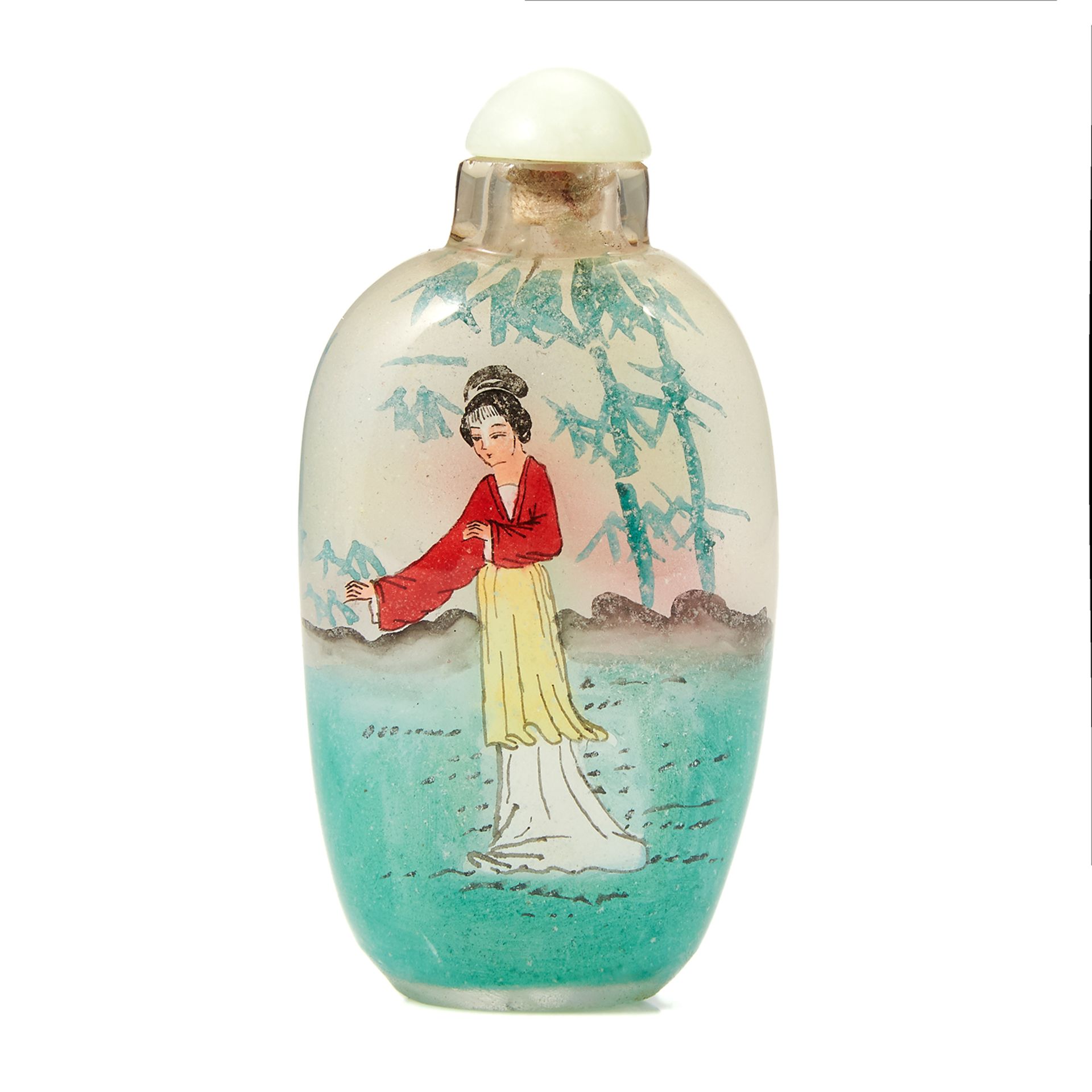 AN ANTIQUE CHINESE PAINTED GLASS SNUFF BOTTLE, EARLY 20TH CENTURY with painted ladies to both sides,